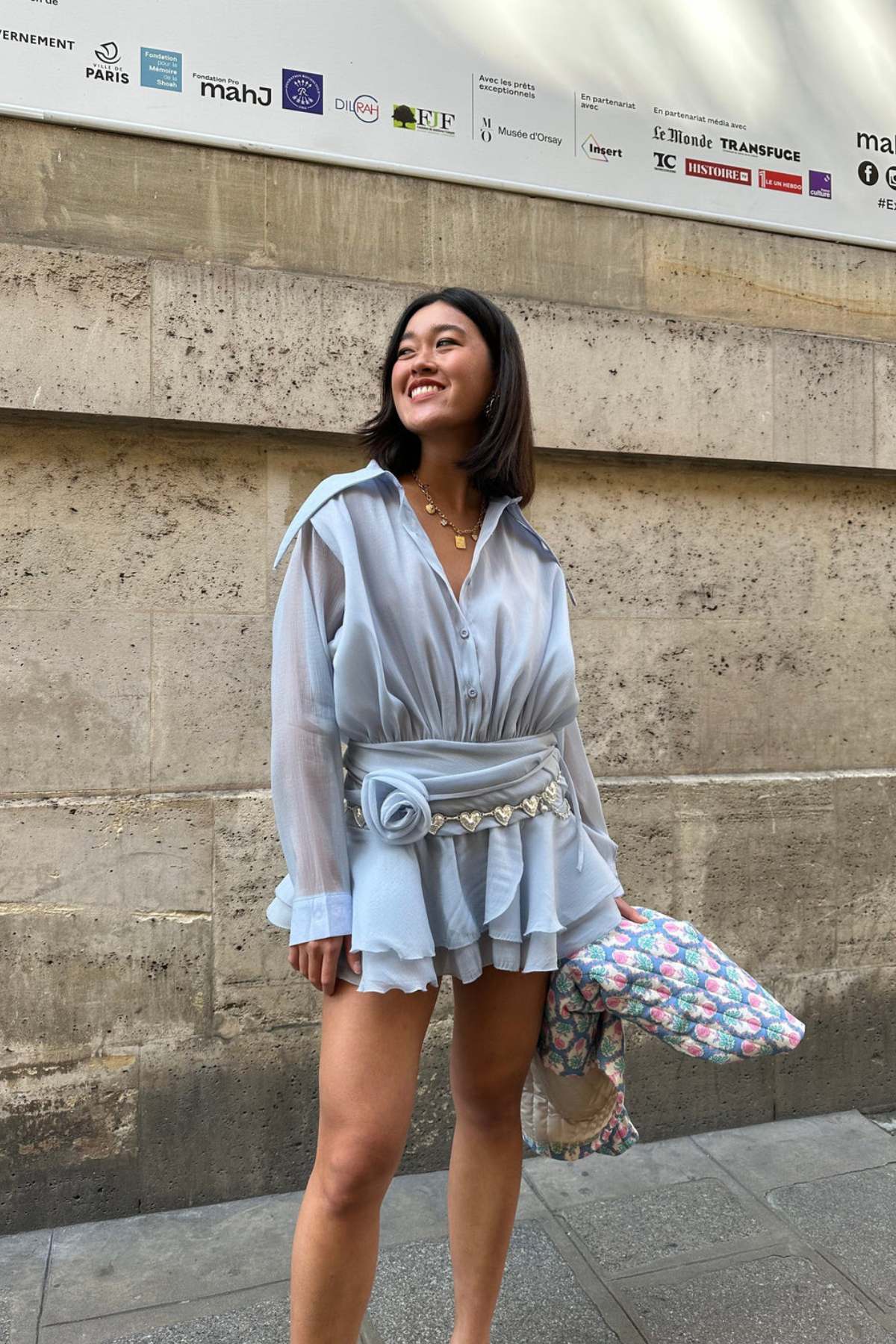 Gül kemerli mini elbise - Baby blue