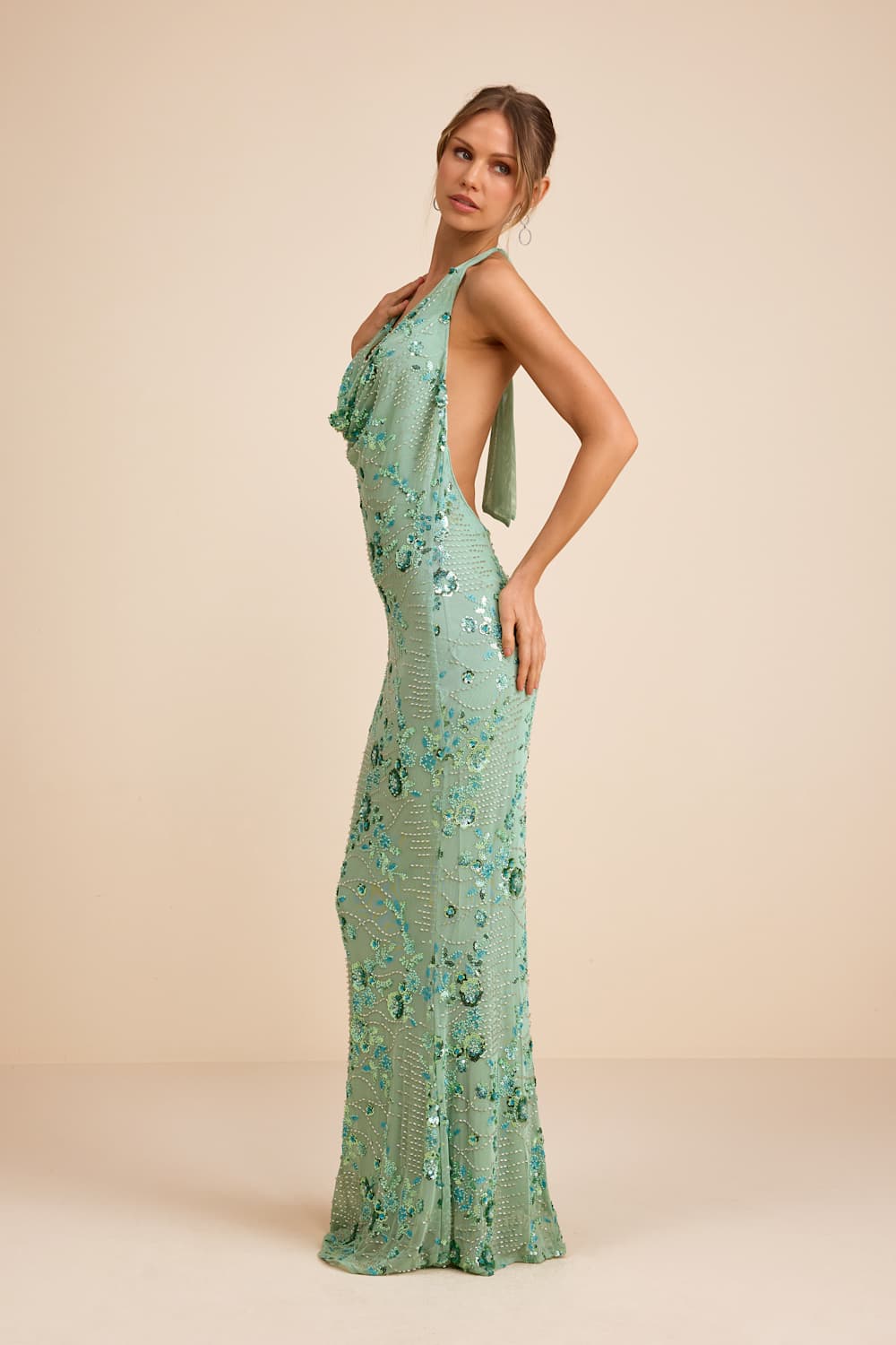 IBIZA GOLD EMBROIDERED MAXI DRESS - AQUA