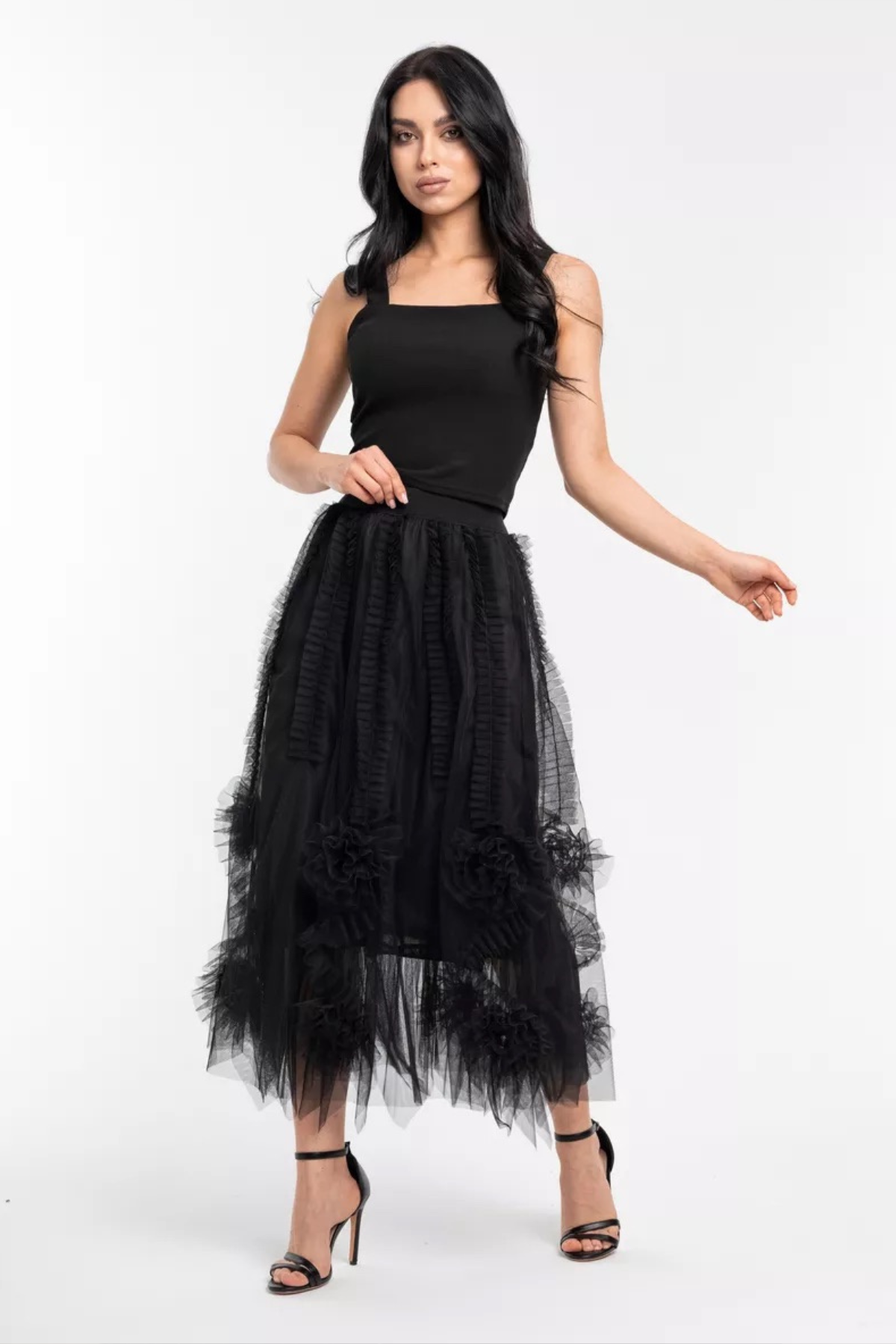 Gül detaylı uzun tütü etek