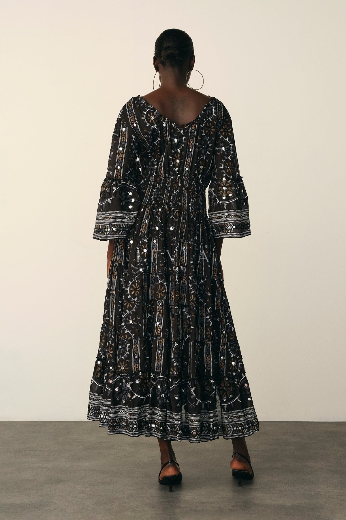 Mansi Long Dress - Long dress with mirrors and embroidery - Ecru