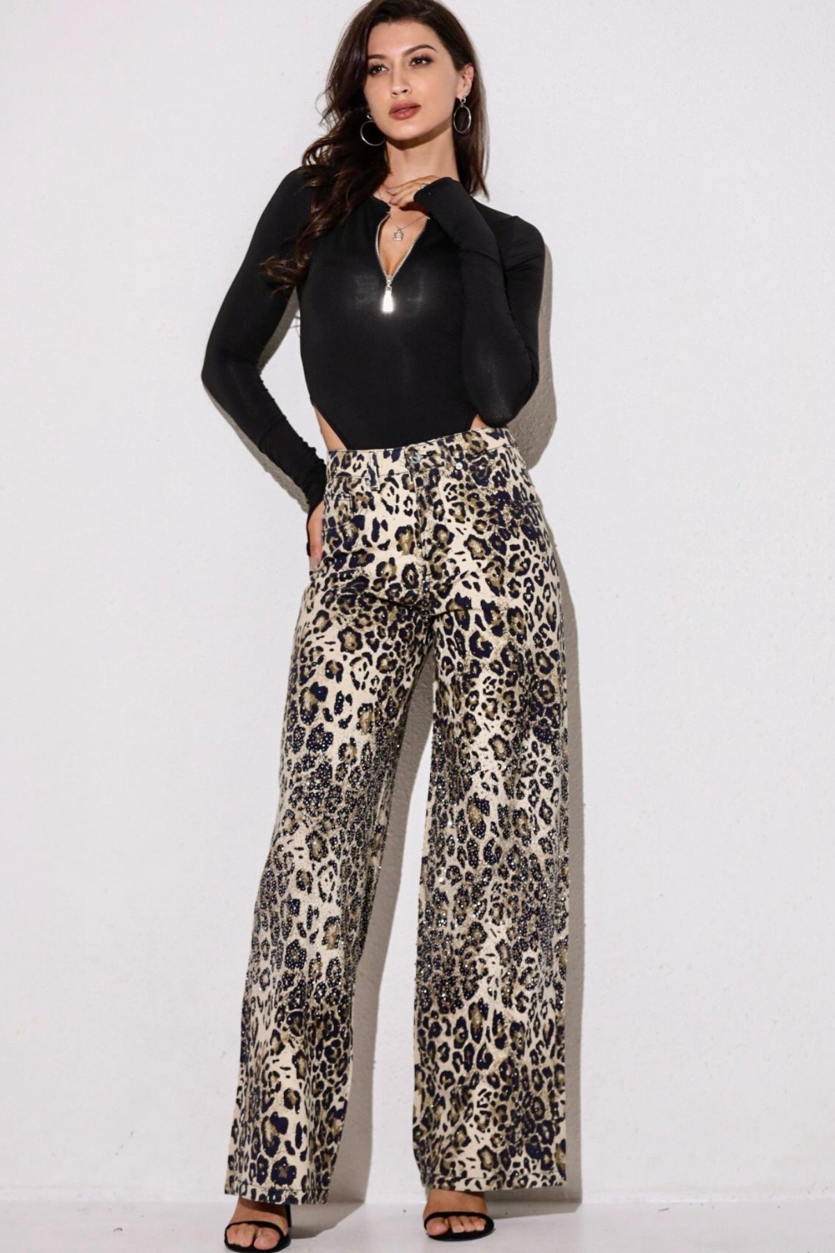 Taşlı premium yüksek bel leopar jean