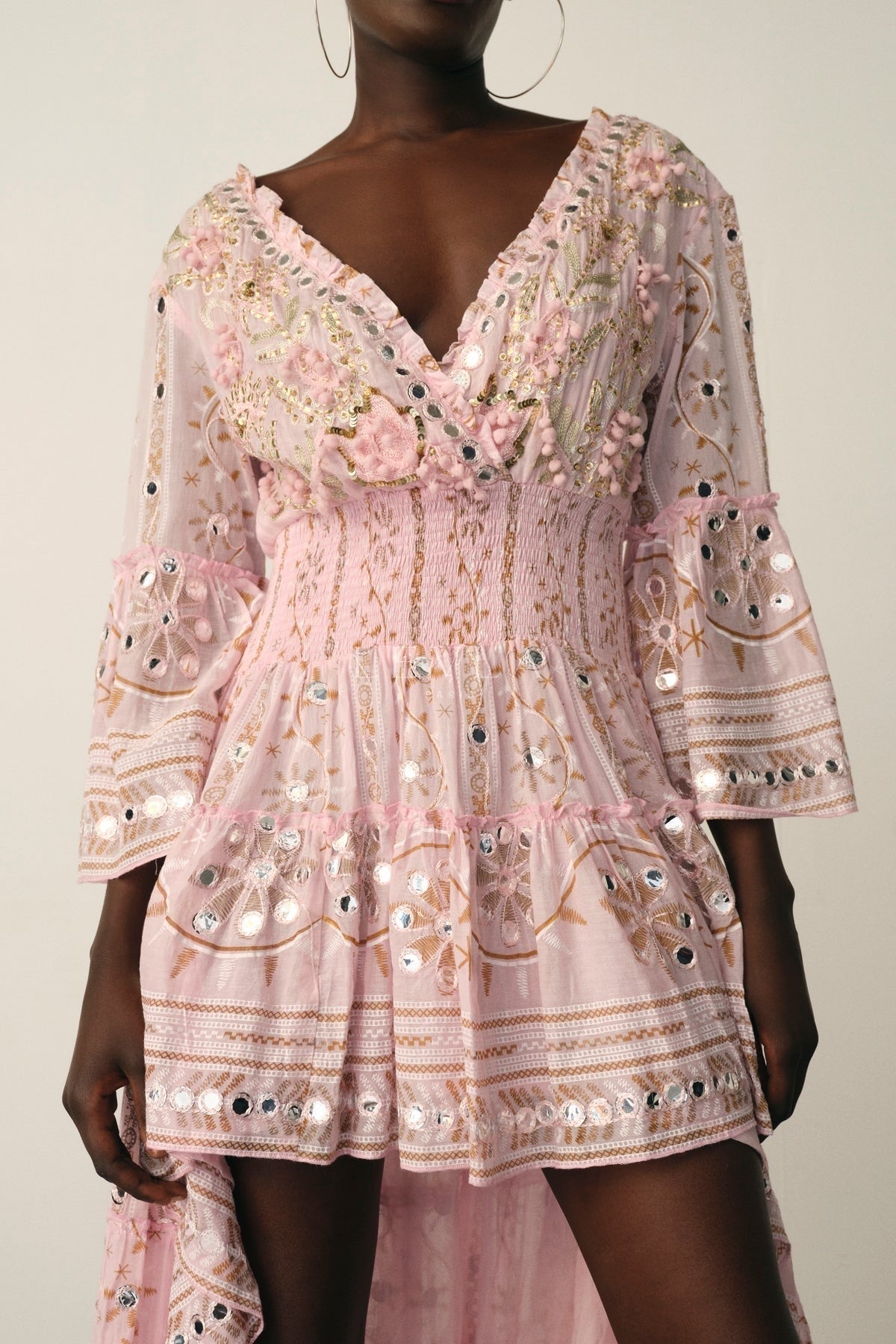 Mansi Long Dress - Long dress with mirrors and embroidery - Ecru