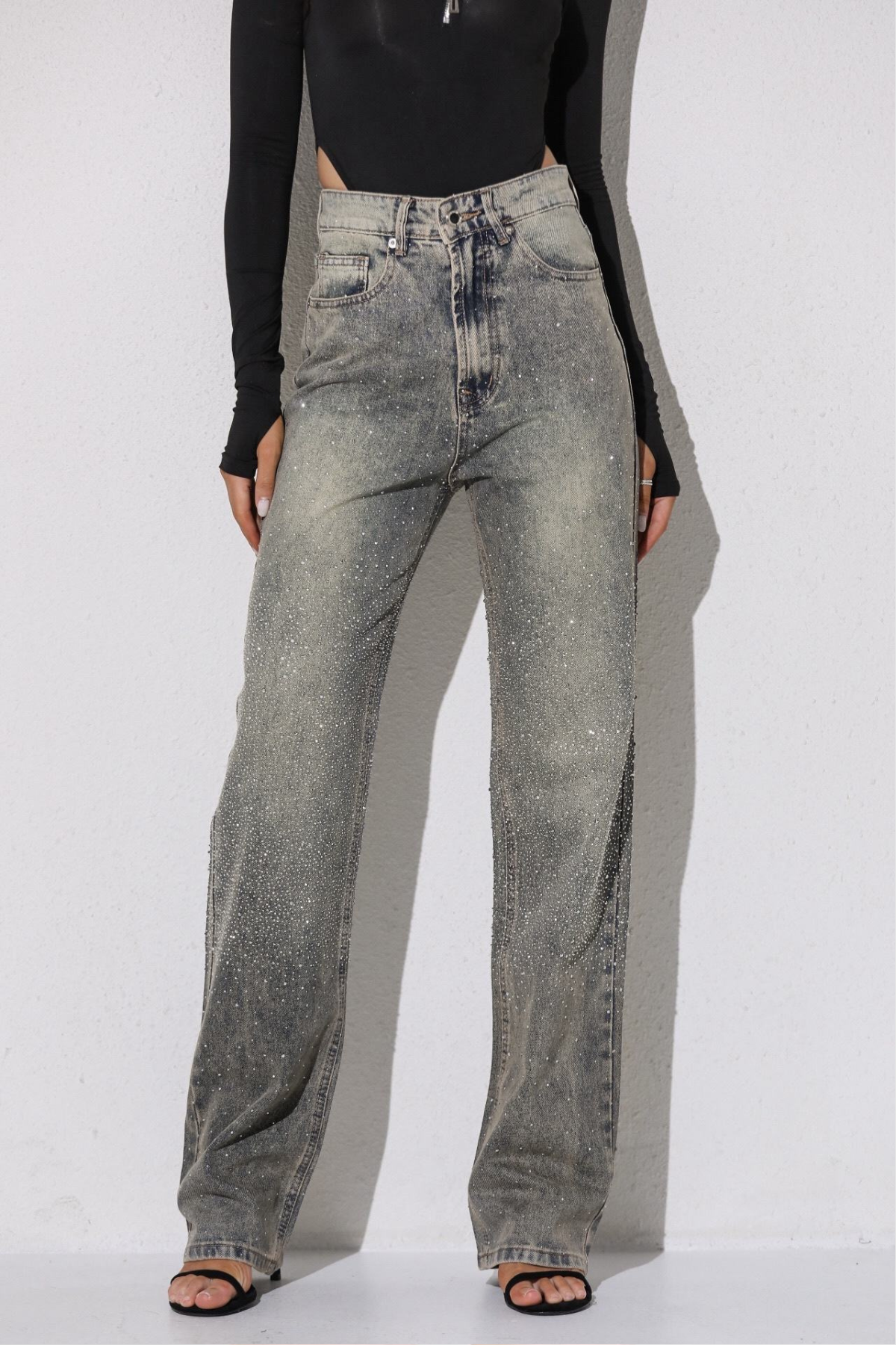 Taşlı premium yüksek bel jean