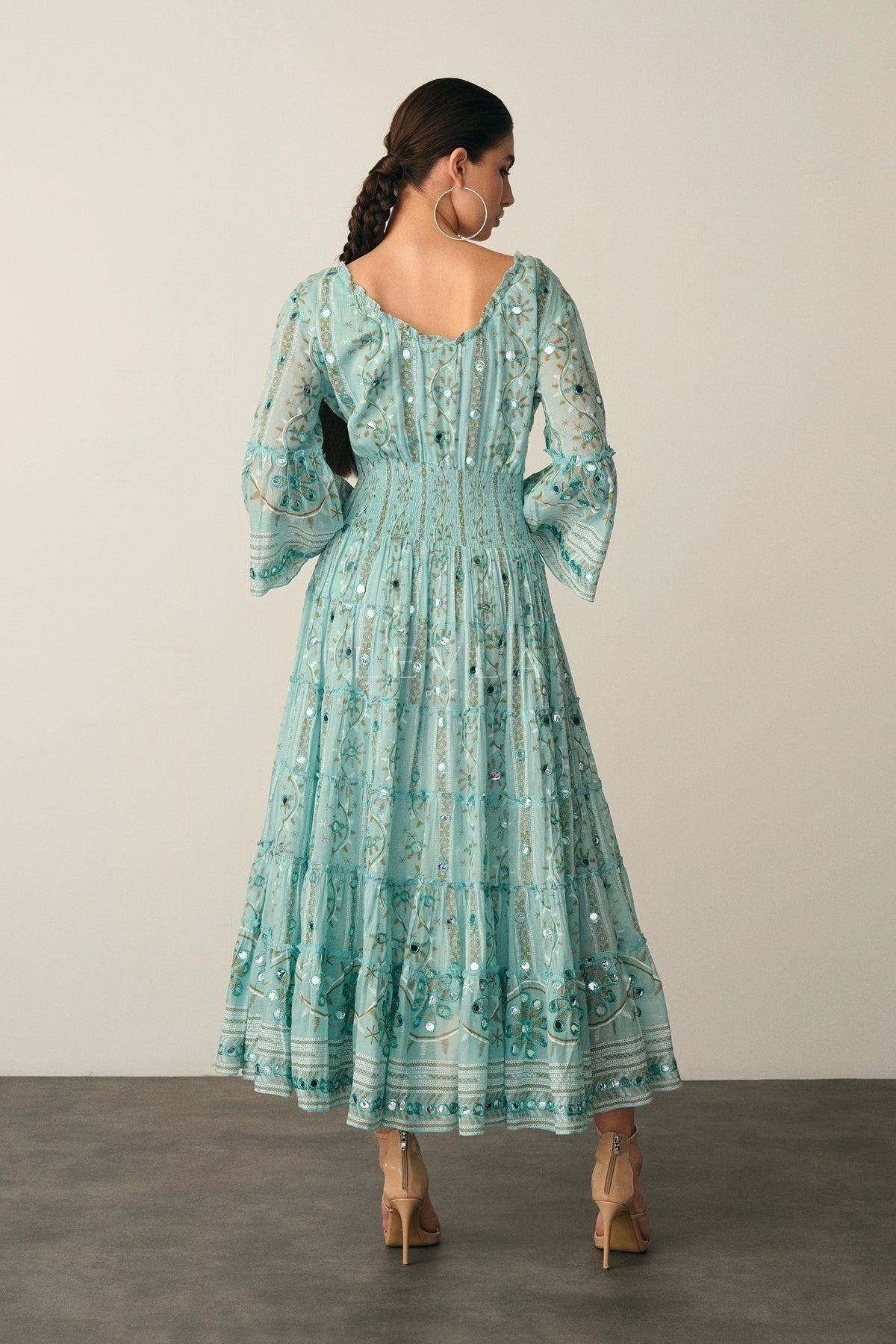 Mansi Long Dress - Long dress with mirrors and embroidery - Ecru