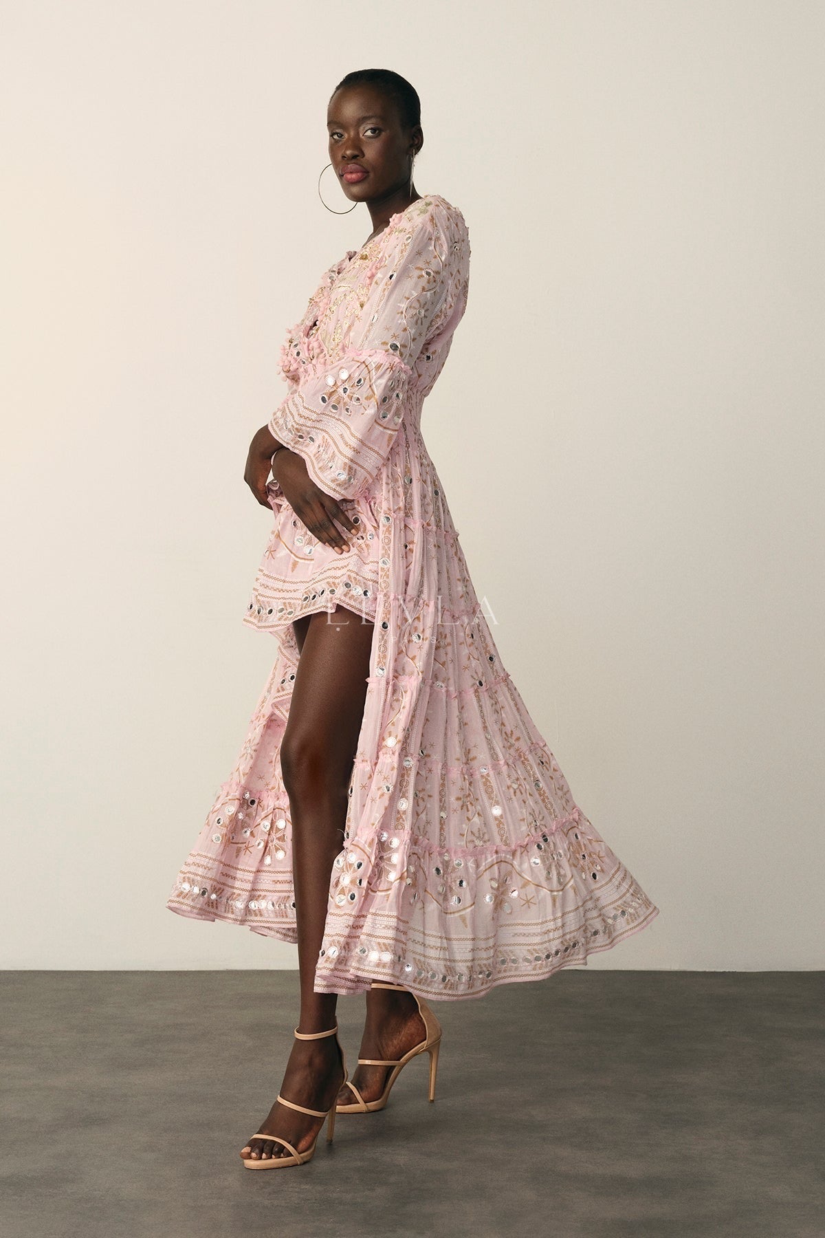 Mansi Long Dress - Long dress with mirrors and embroidery - Ecru