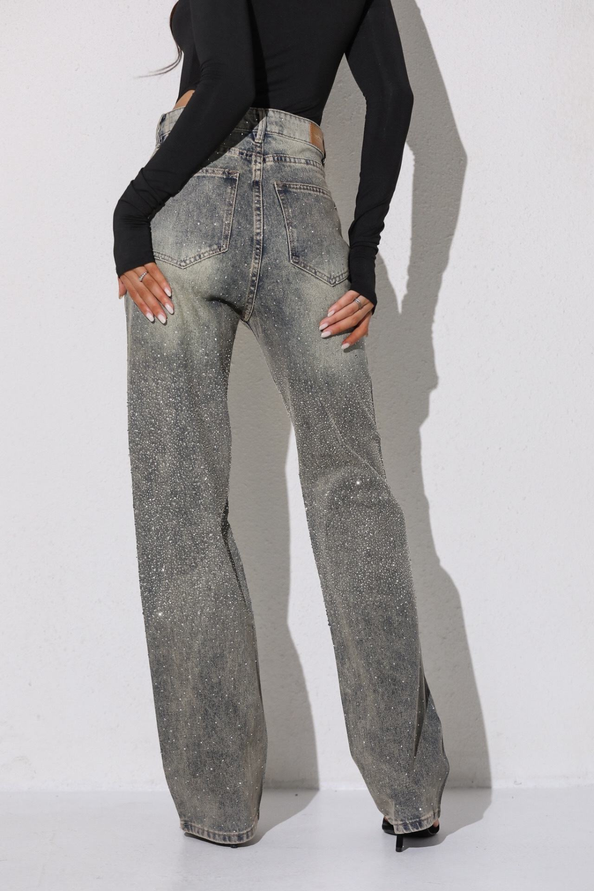 Taşlı premium yüksek bel jean
