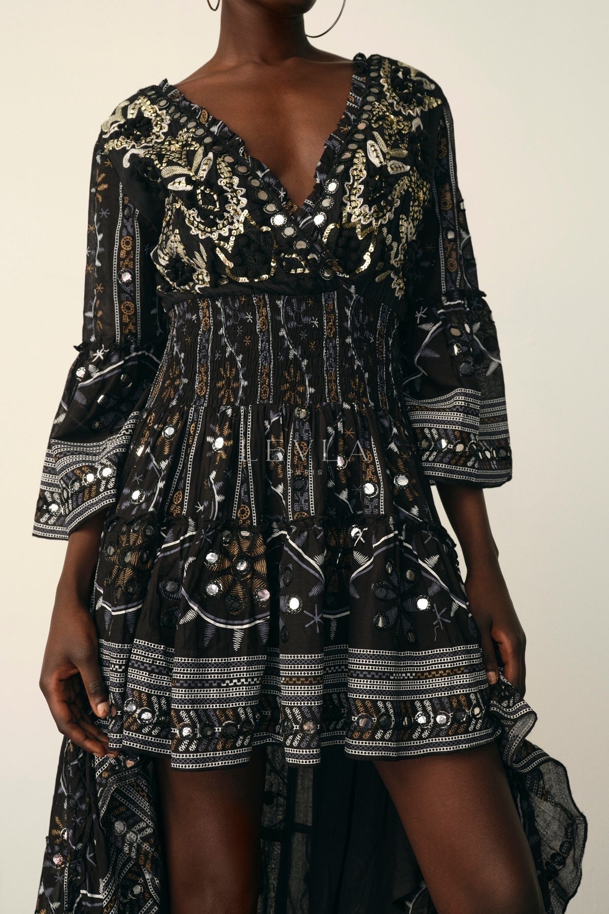 Mansi Long Dress - Long dress with mirrors and embroidery - Ecru