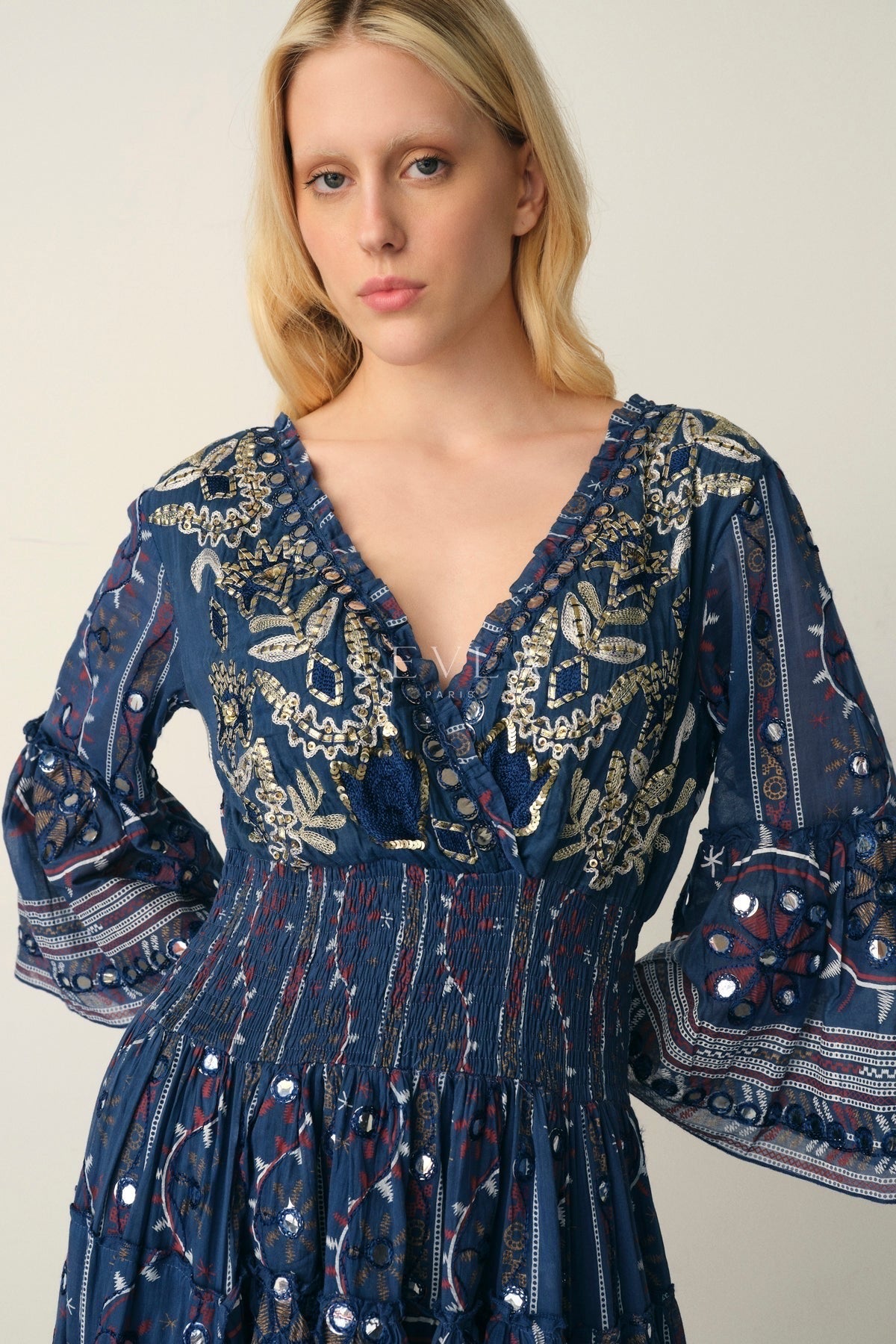 Mansi Long Dress - Long dress with mirrors and embroidery - Ecru