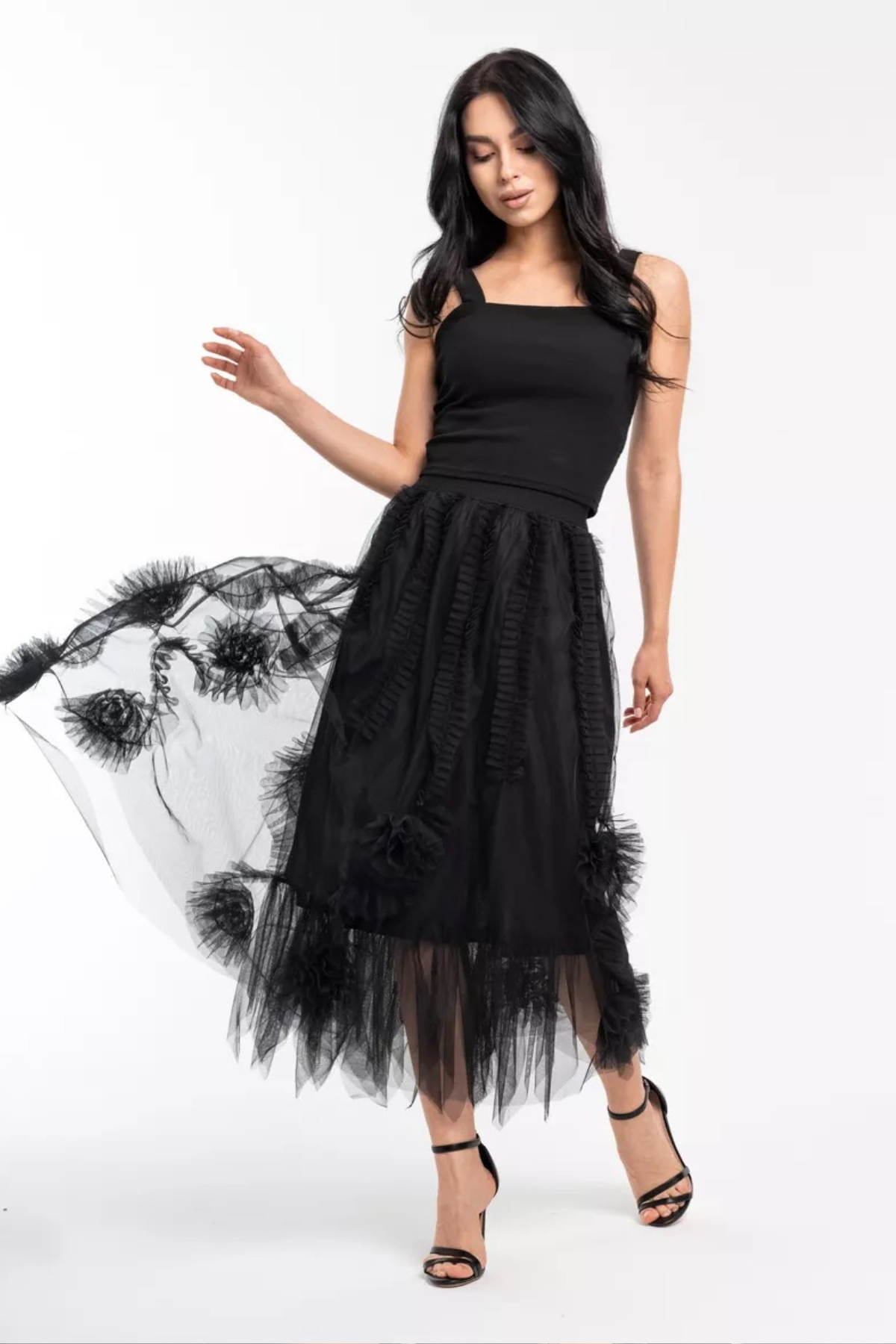 Gül detaylı uzun tütü etek