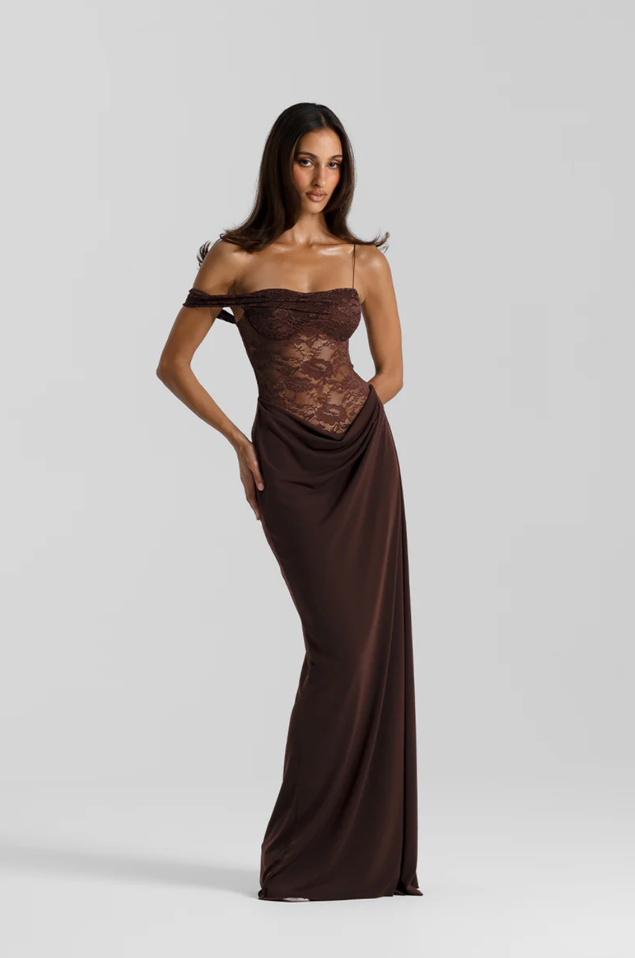 VALENTINA LACE CORSET MAXI DRESS - CHOCOLATE