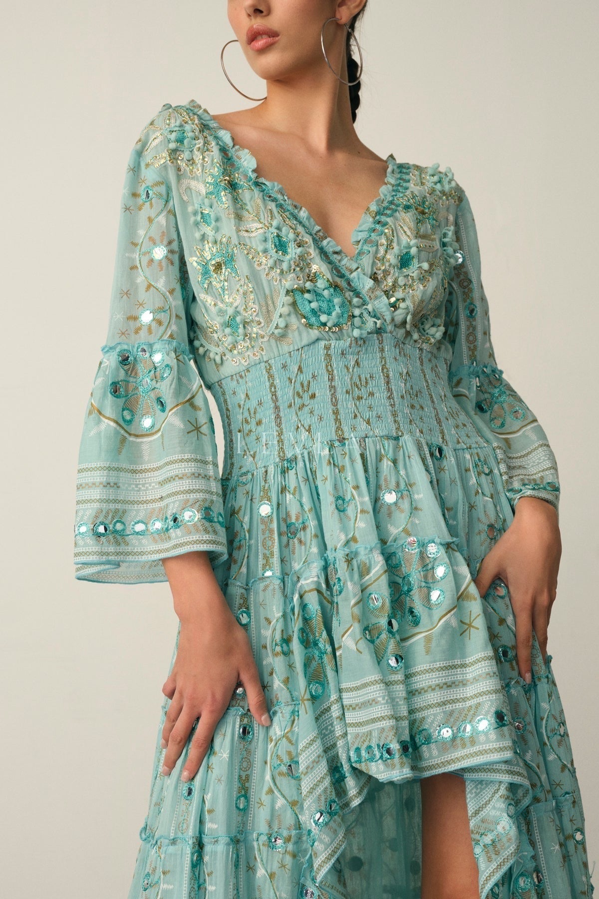Mansi Long Dress - Long dress with mirrors and embroidery - Ecru