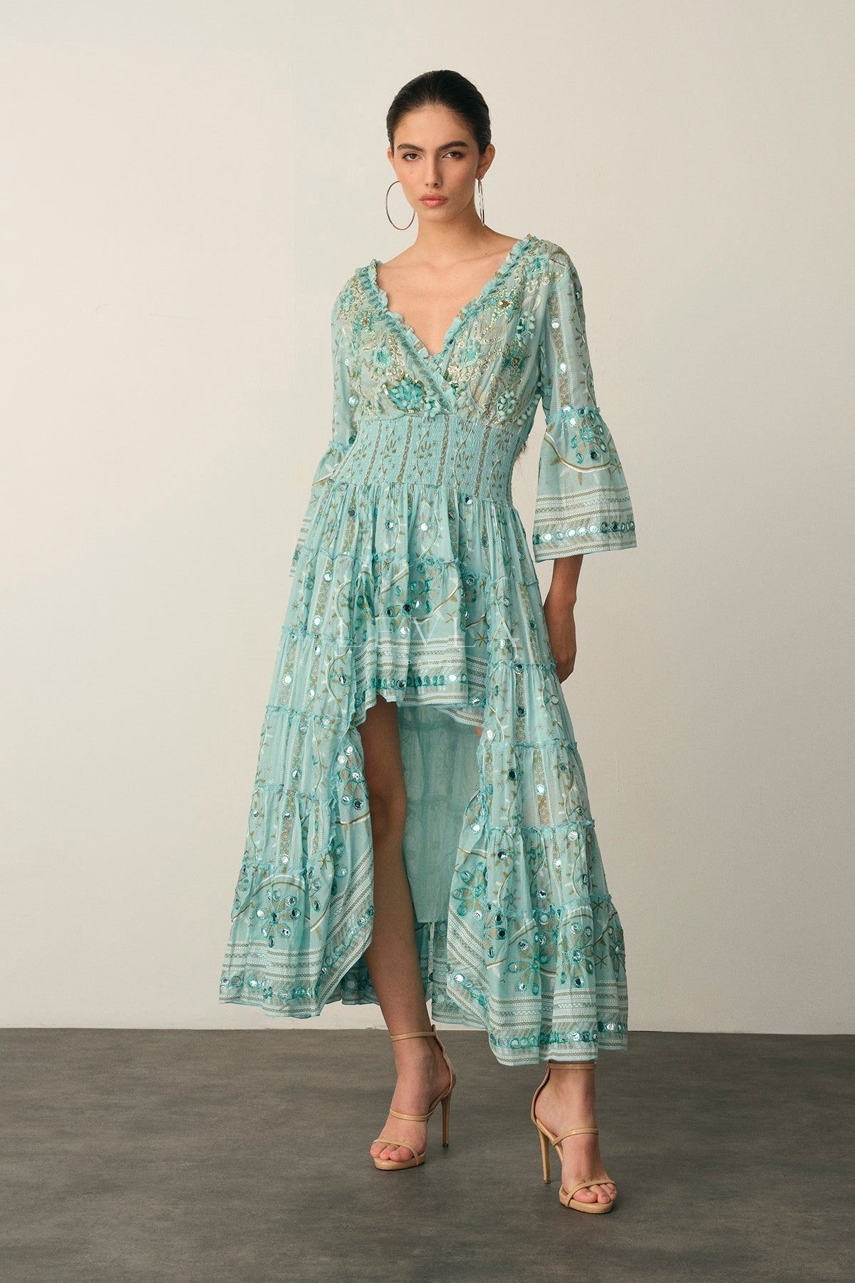 Mansi Long Dress - Long dress with mirrors and embroidery - Ecru