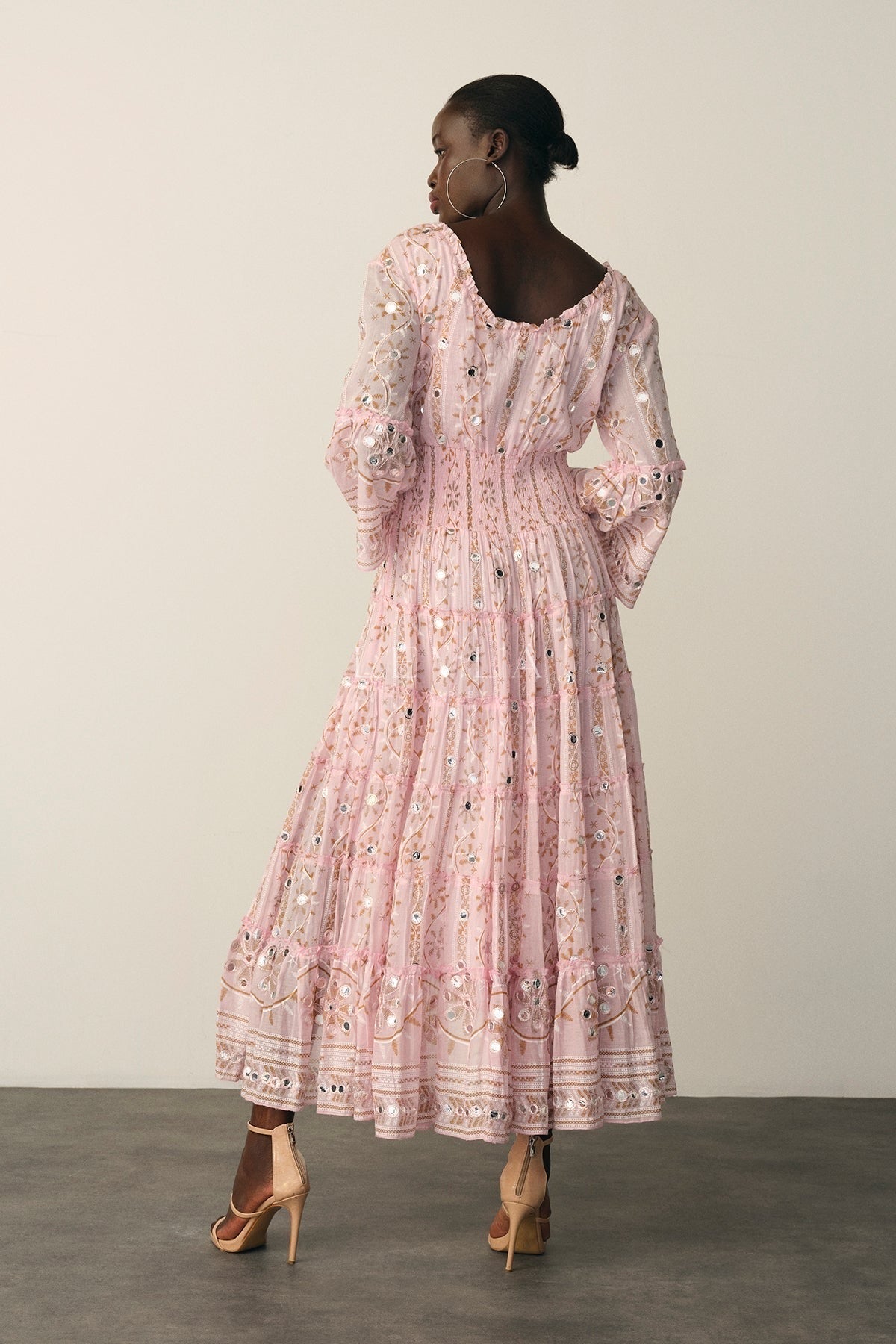 Mansi Long Dress - Long dress with mirrors and embroidery - Ecru