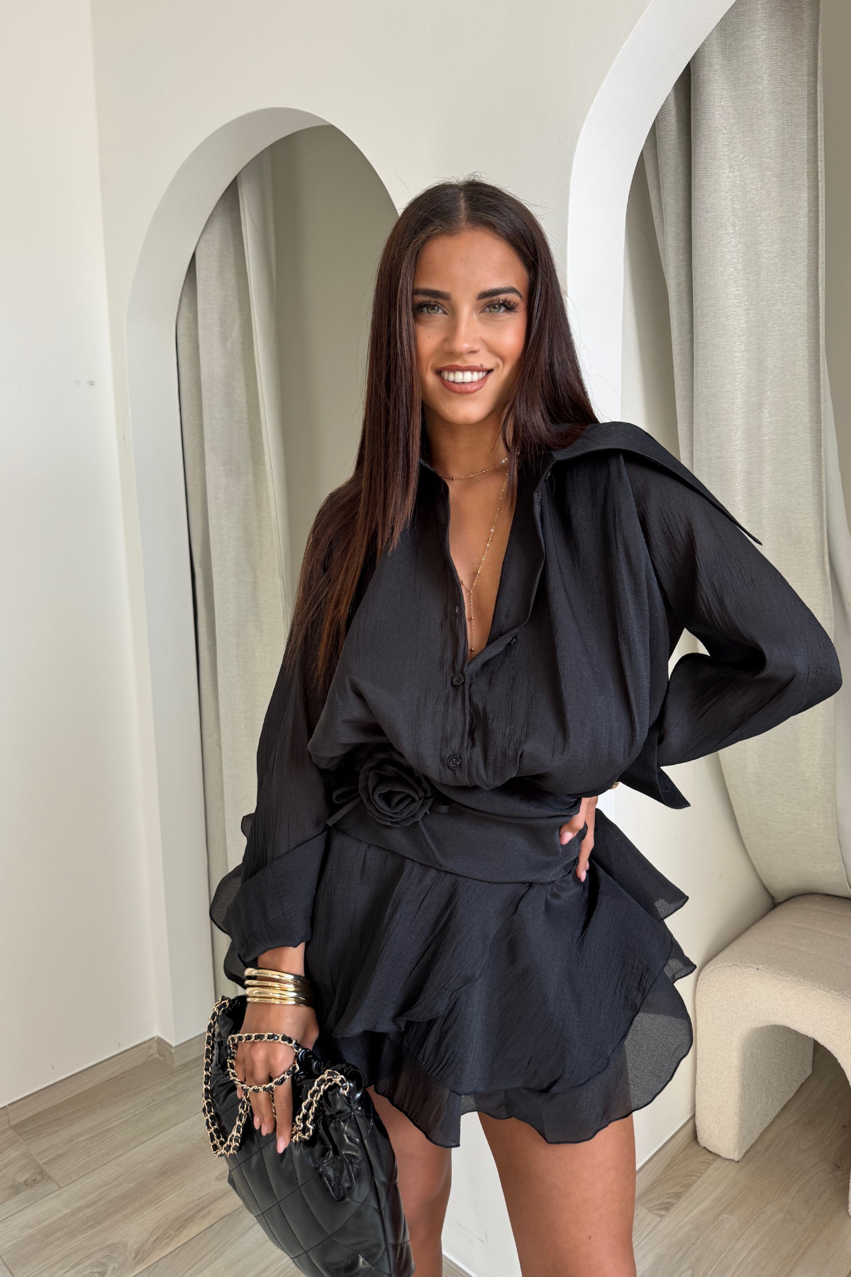 Gül kemerli mini elbise - Black
