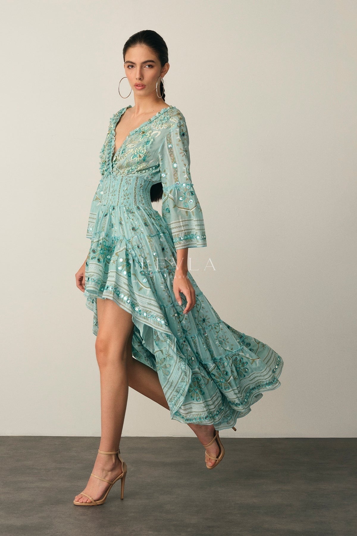 Mansi Long Dress - Long dress with mirrors and embroidery - Ecru