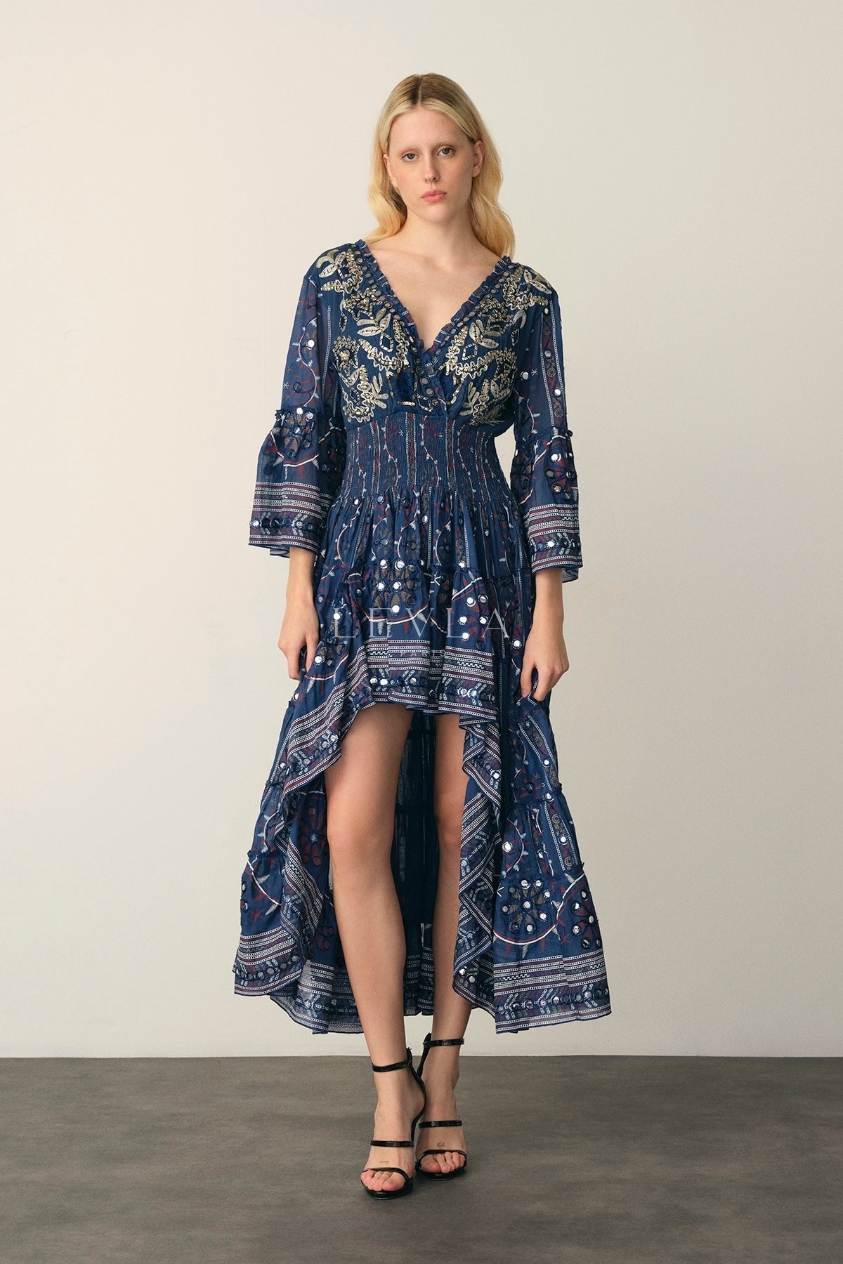 Mansi Long Dress - Long dress with mirrors and embroidery - Ecru