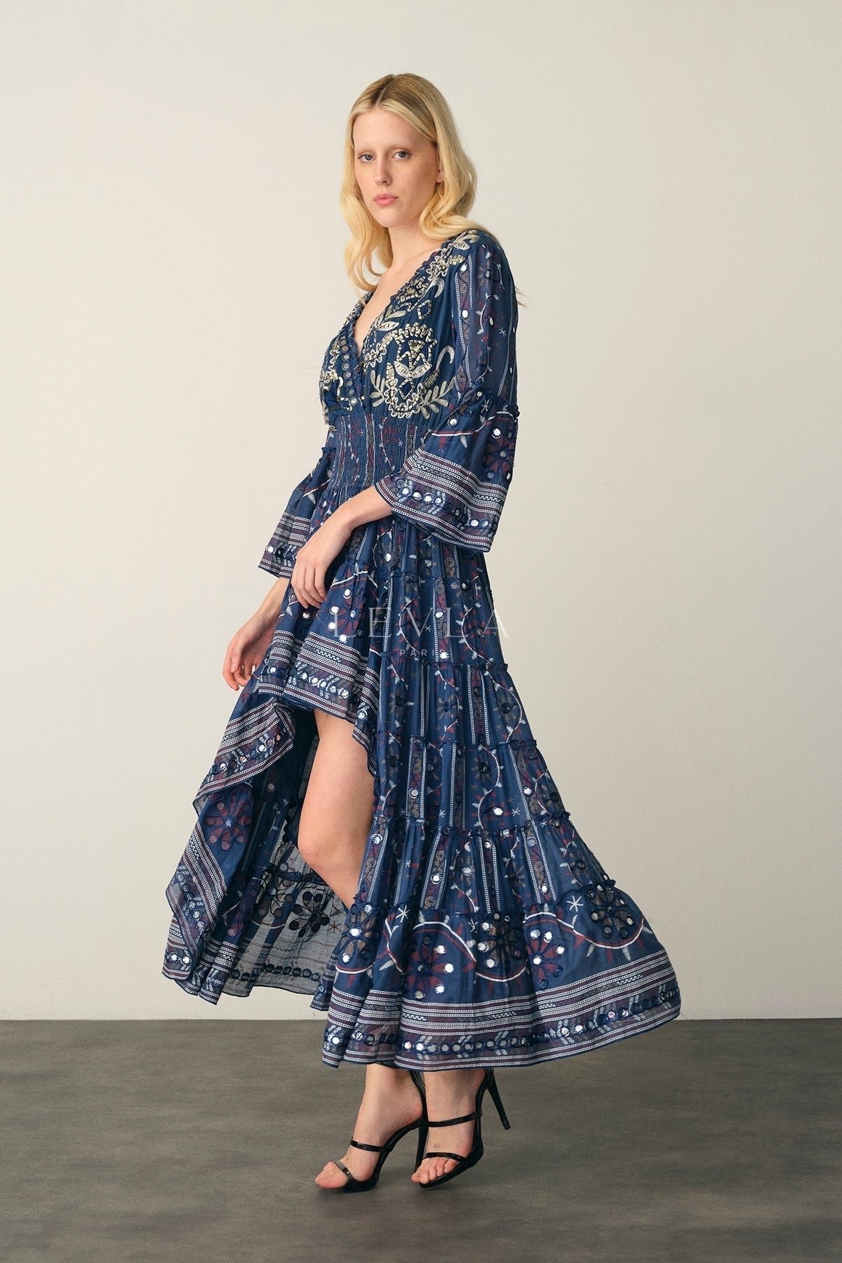 Mansi Long Dress - Long dress with mirrors and embroidery - Ecru
