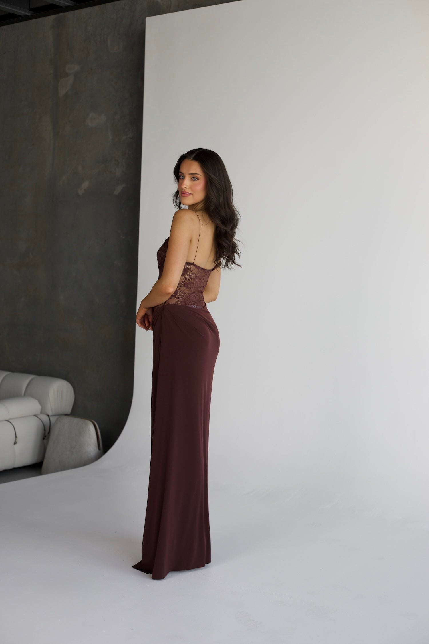 VALENTINA LACE CORSET MAXI DRESS - CHOCOLATE