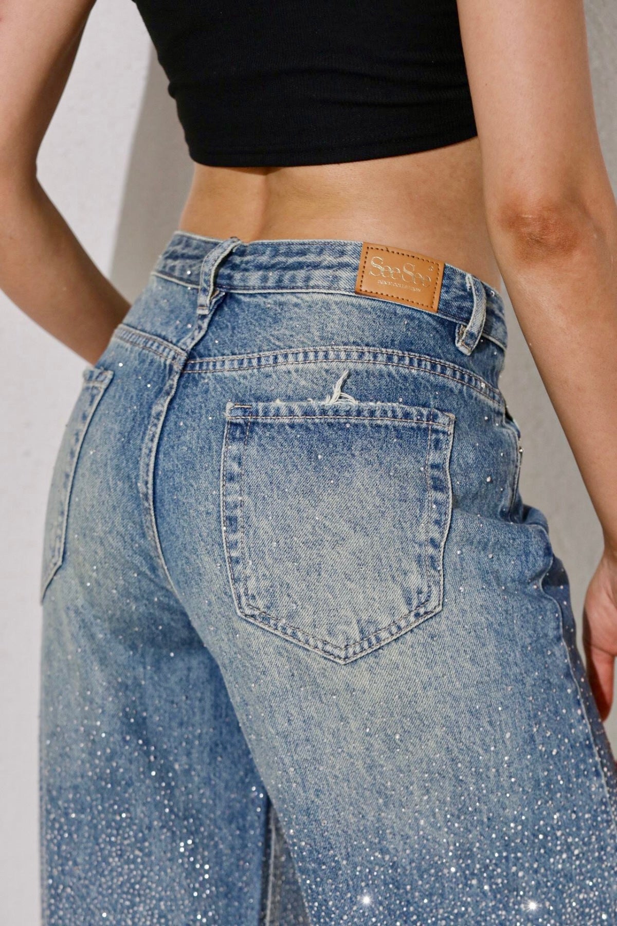 Taşlı premium yüksek bel jean