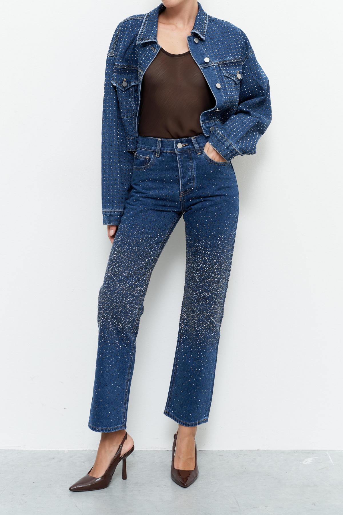 Taşlı premium yüksek bel jean