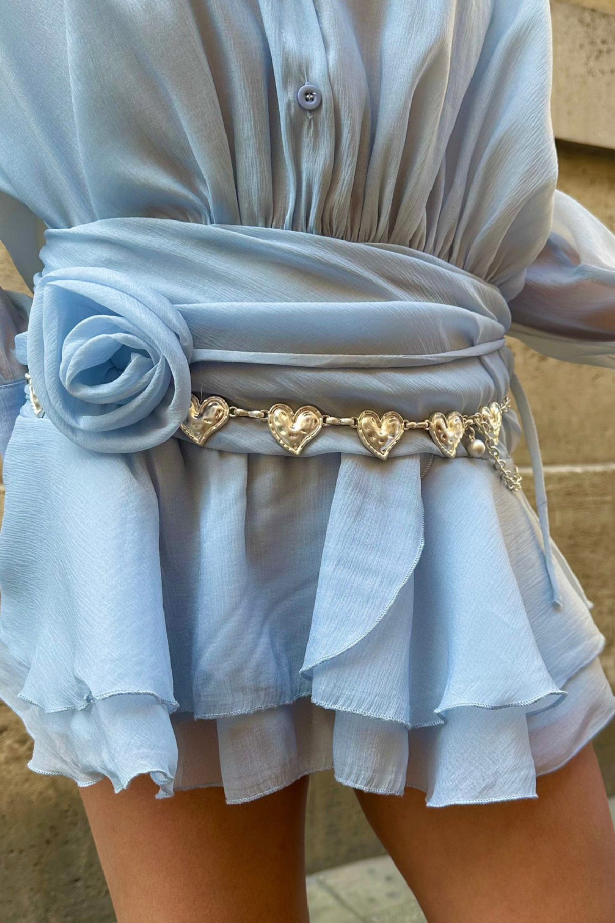 Gül kemerli mini elbise - Baby blue