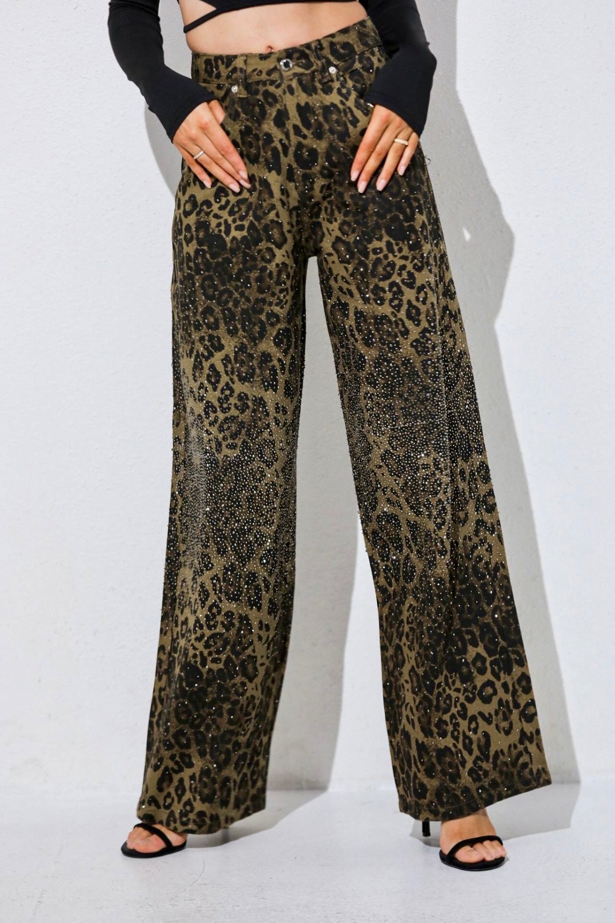 Taşlı premium yüksek bel leopar jean