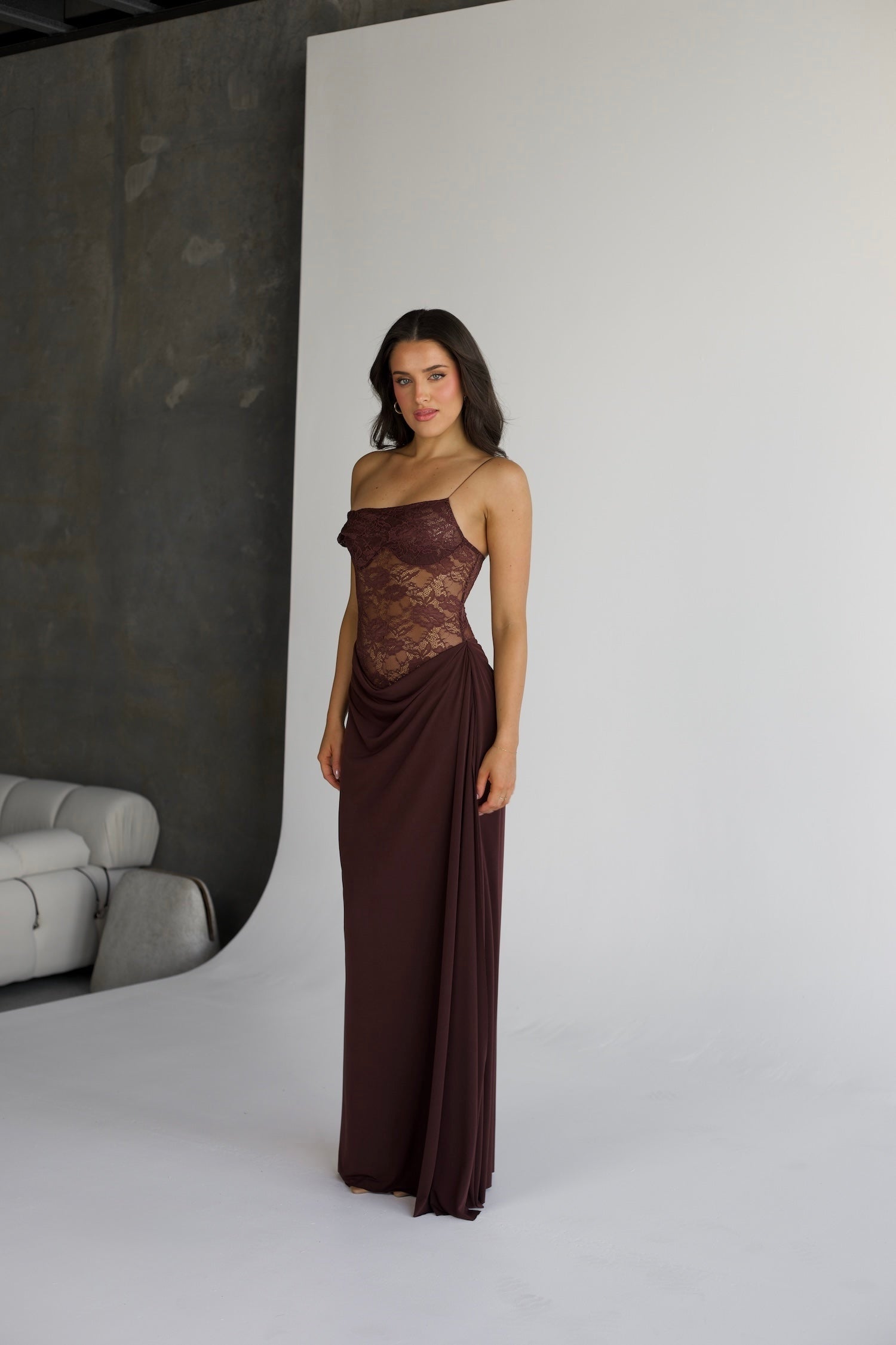 VALENTINA LACE CORSET MAXI DRESS - CHOCOLATE