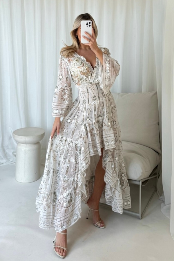 Mansi Long Dress - Long dress with mirrors and embroidery - Ecru