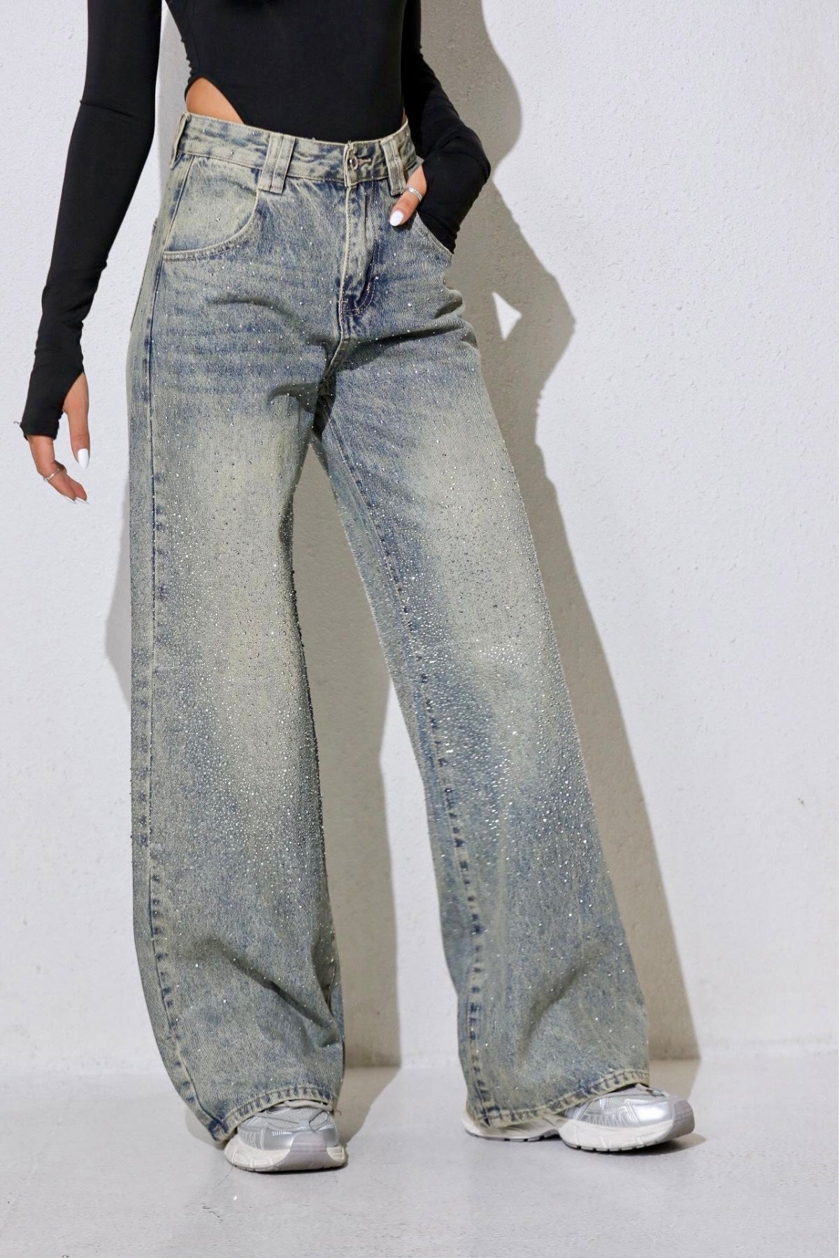 Taşlı premium yüksek bel jean