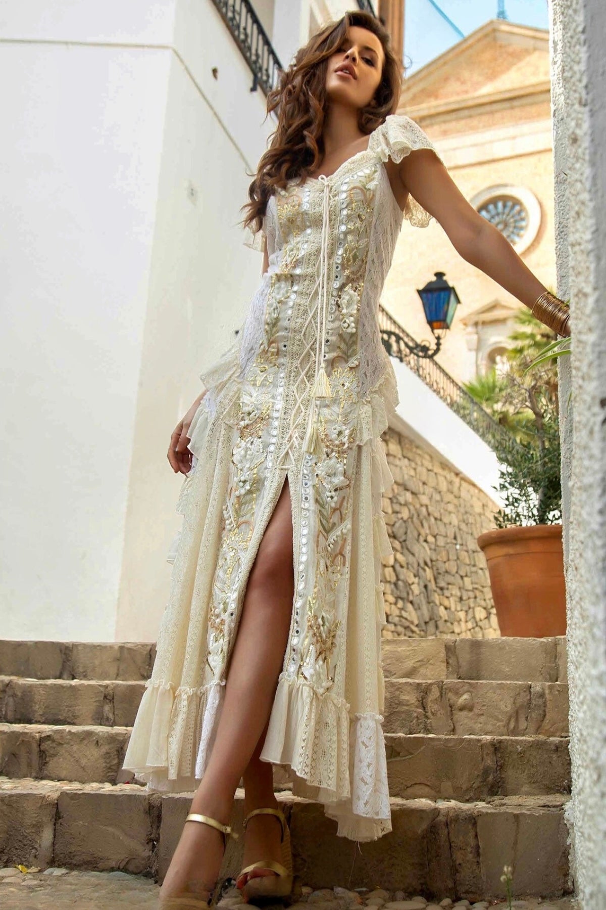 Naira Maxi Dress - Long lace dress with golden embroidery - Ecru