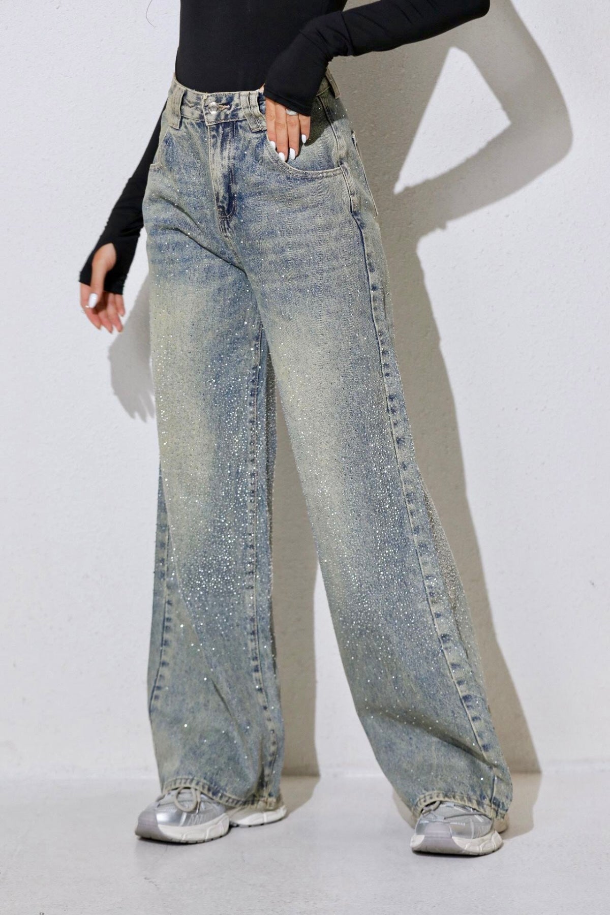 Taşlı premium yüksek bel jean