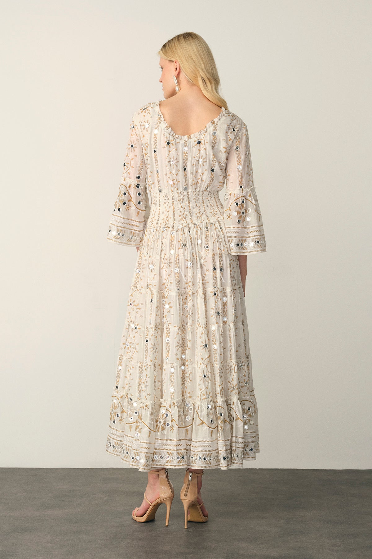 Mansi Long Dress - Long dress with mirrors and embroidery - Ecru