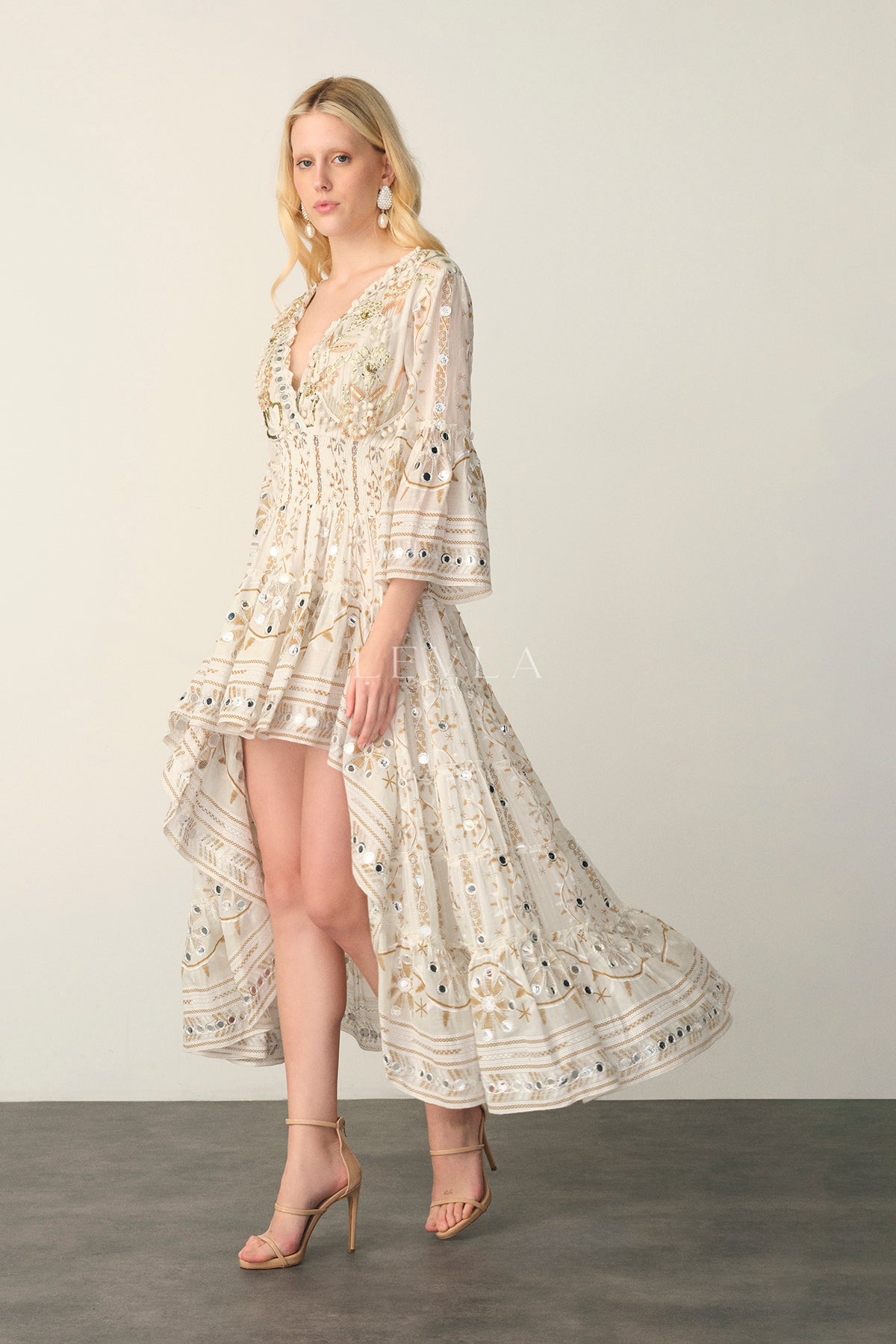 Mansi Long Dress - Long dress with mirrors and embroidery - Ecru
