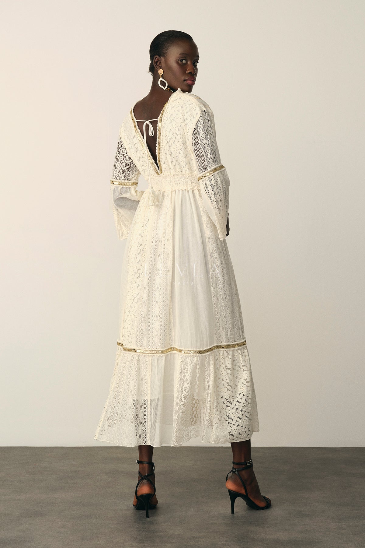 Naira Long Dress - Long lace dress with golden sequins - Ecru