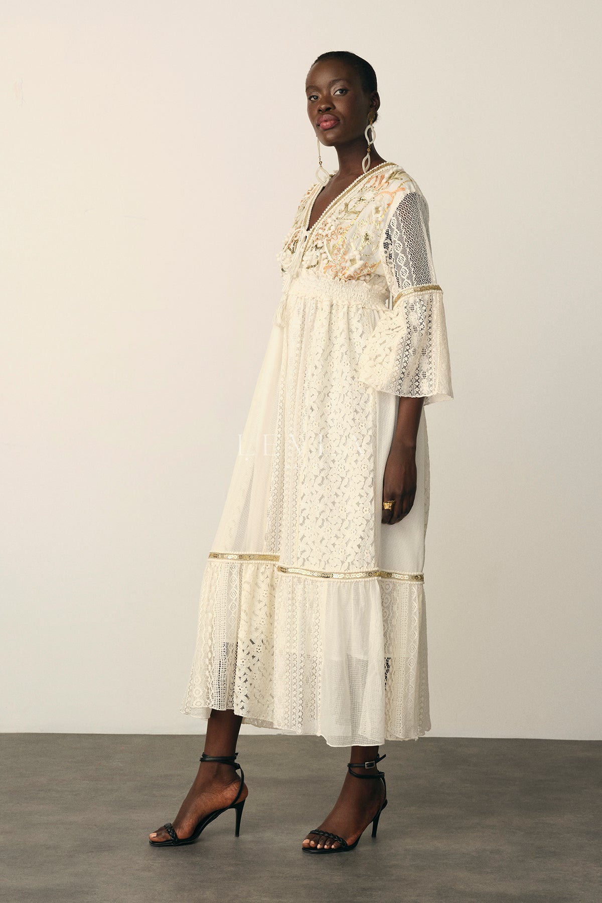 Naira Long Dress - Long lace dress with golden sequins - Ecru