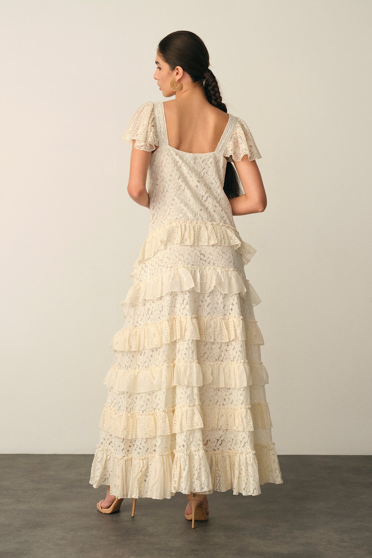 Naira Maxi Dress - Long lace dress with golden embroidery - Ecru