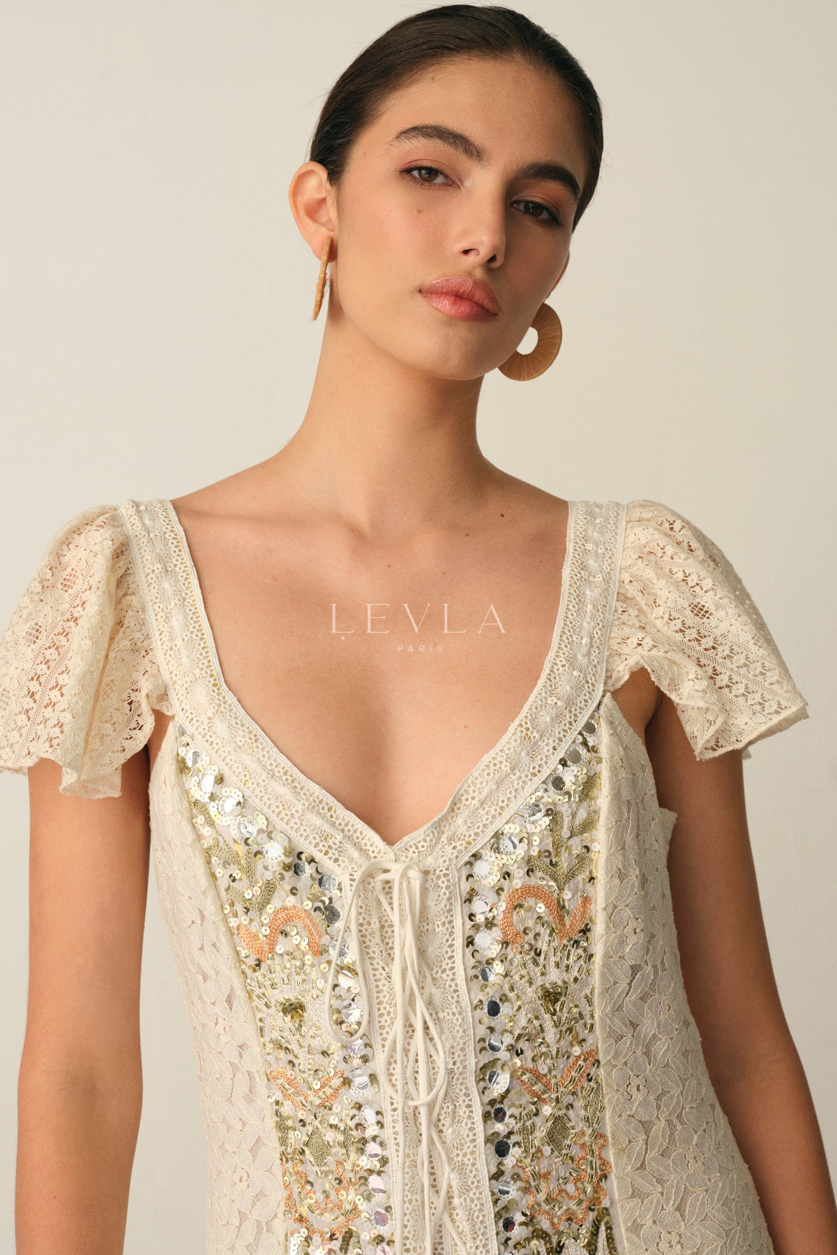 Naira Maxi Dress - Long lace dress with golden embroidery - Ecru