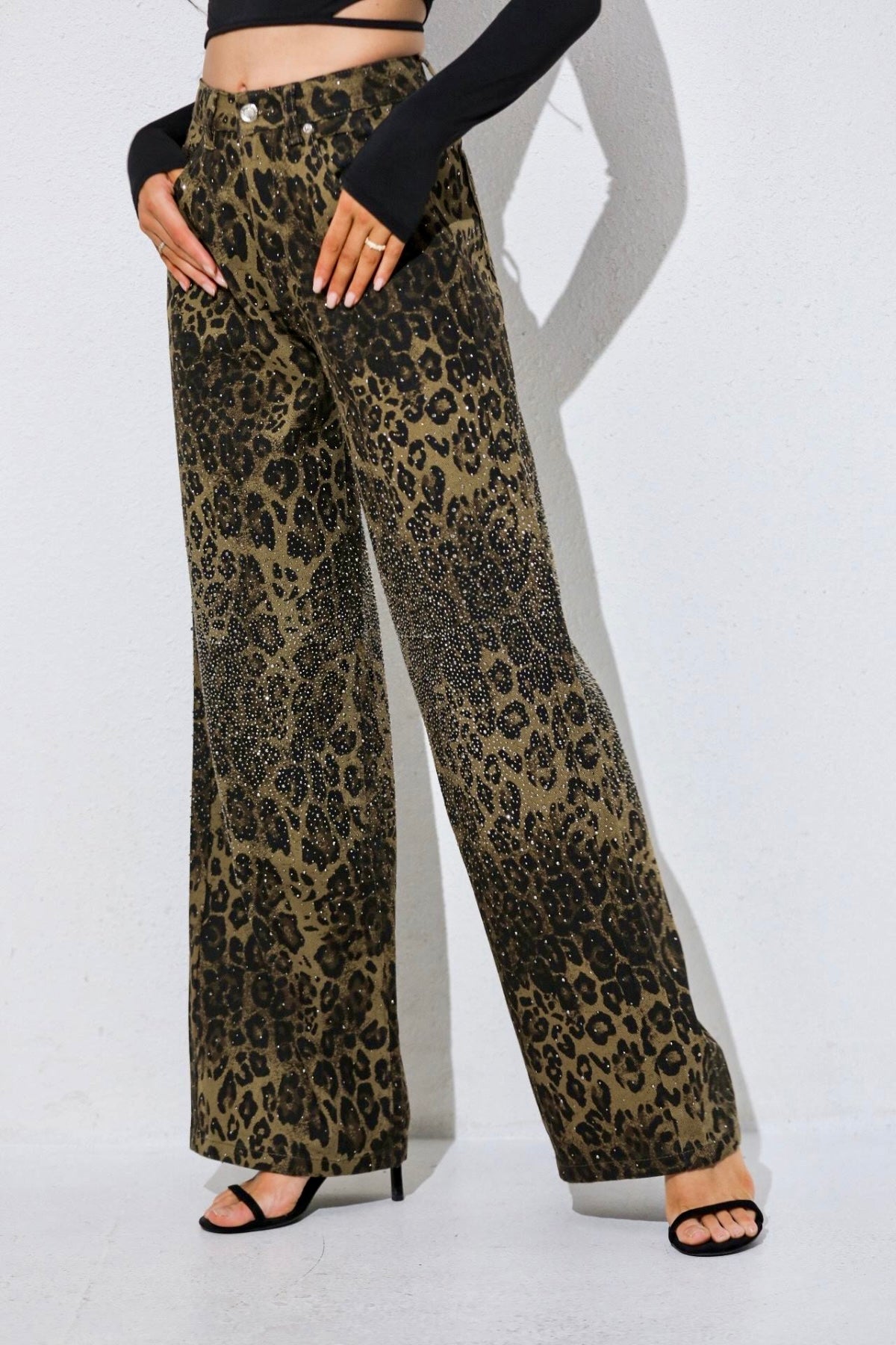 Taşlı premium yüksek bel leopar jean