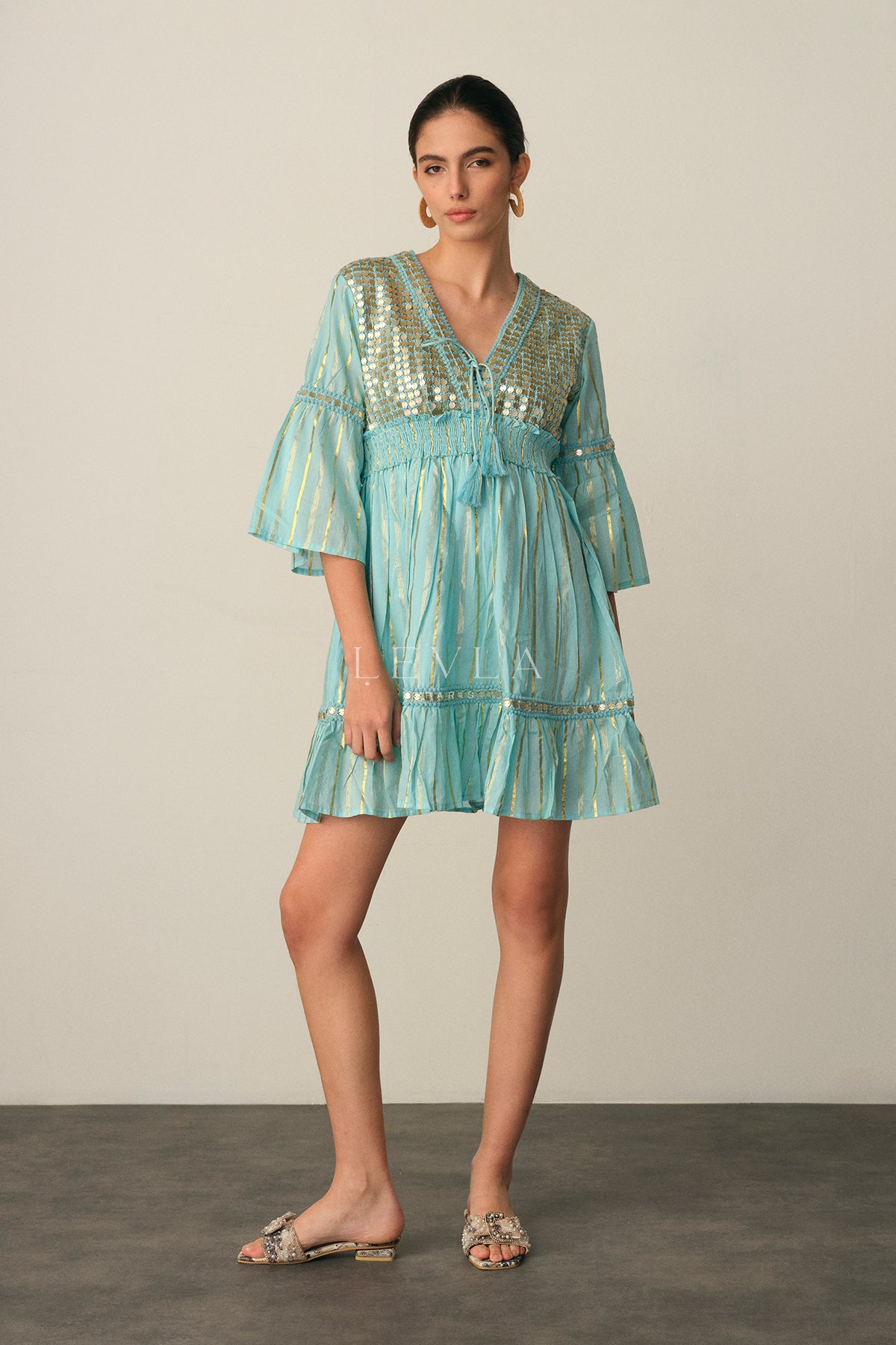 Sana Dress - Short dress with golden sequins - Turquoise