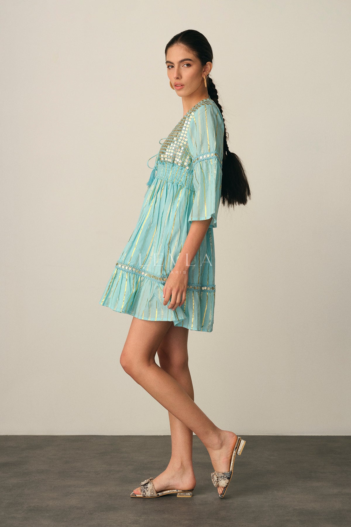 Sana Dress - Short dress with golden sequins - Turquoise