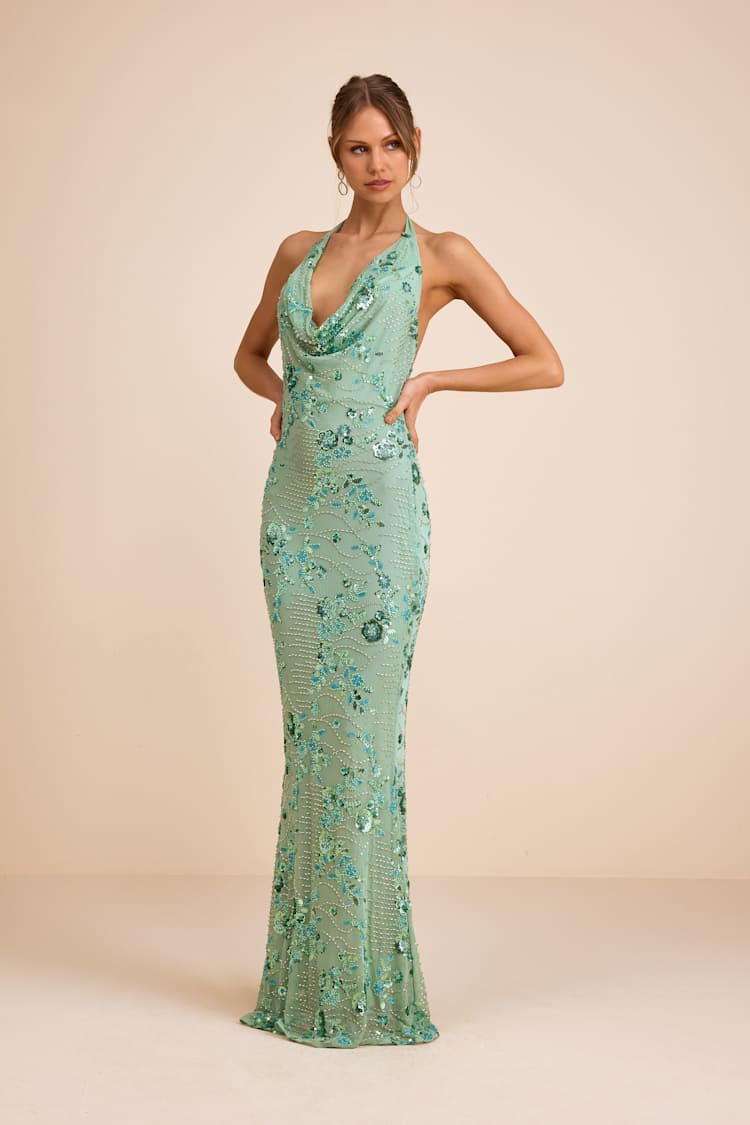 IBIZA GOLD EMBROIDERED MAXI DRESS - AQUA