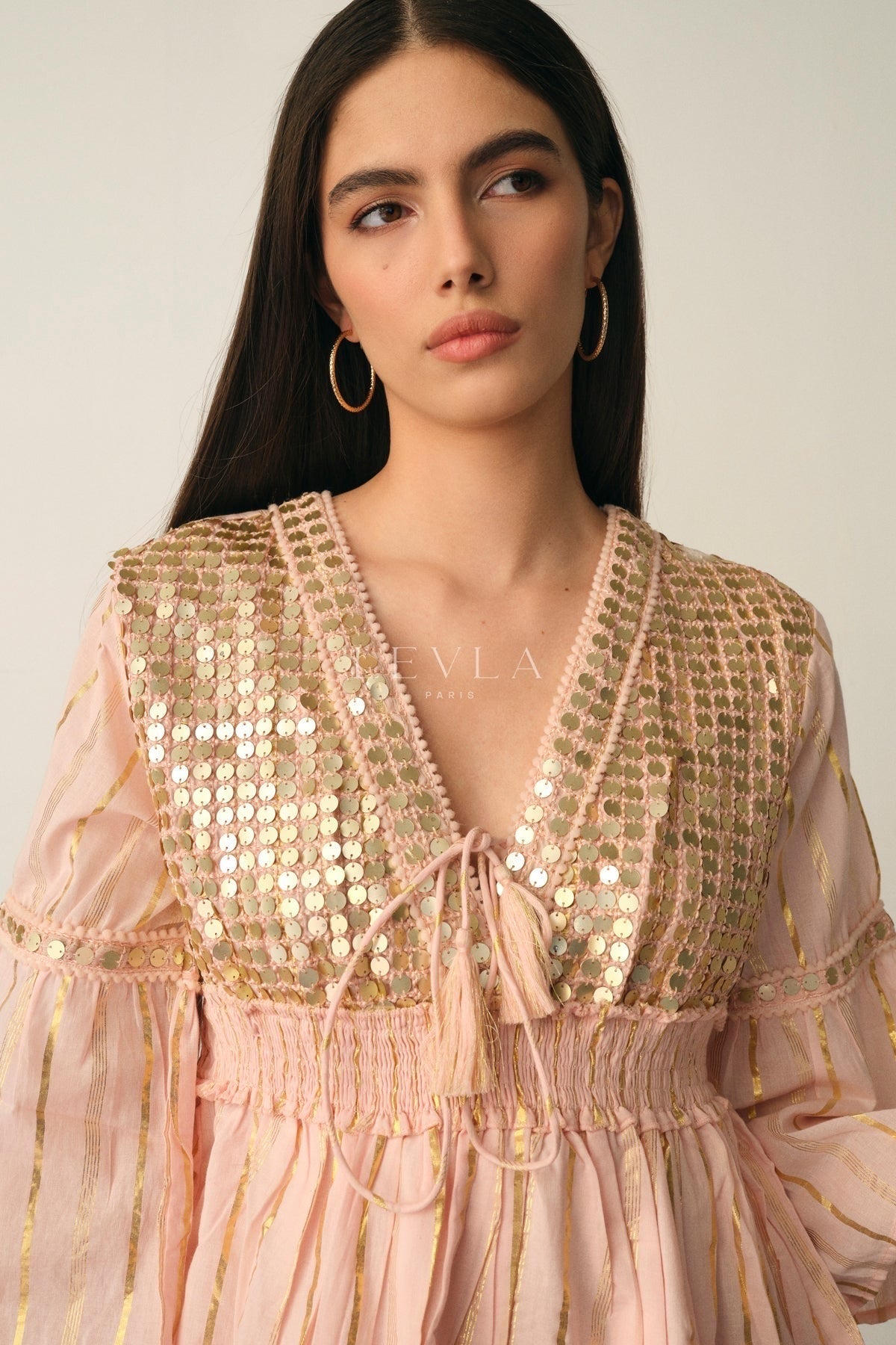 Sana Dress - Short dress with golden sequins - Turquoise