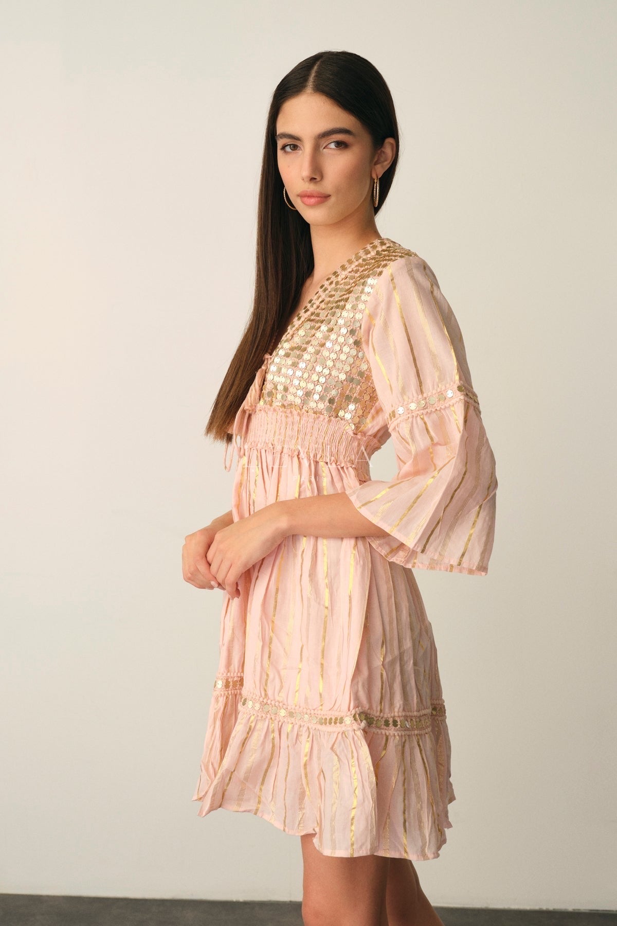 Sana Dress - Short dress with golden sequins - Turquoise