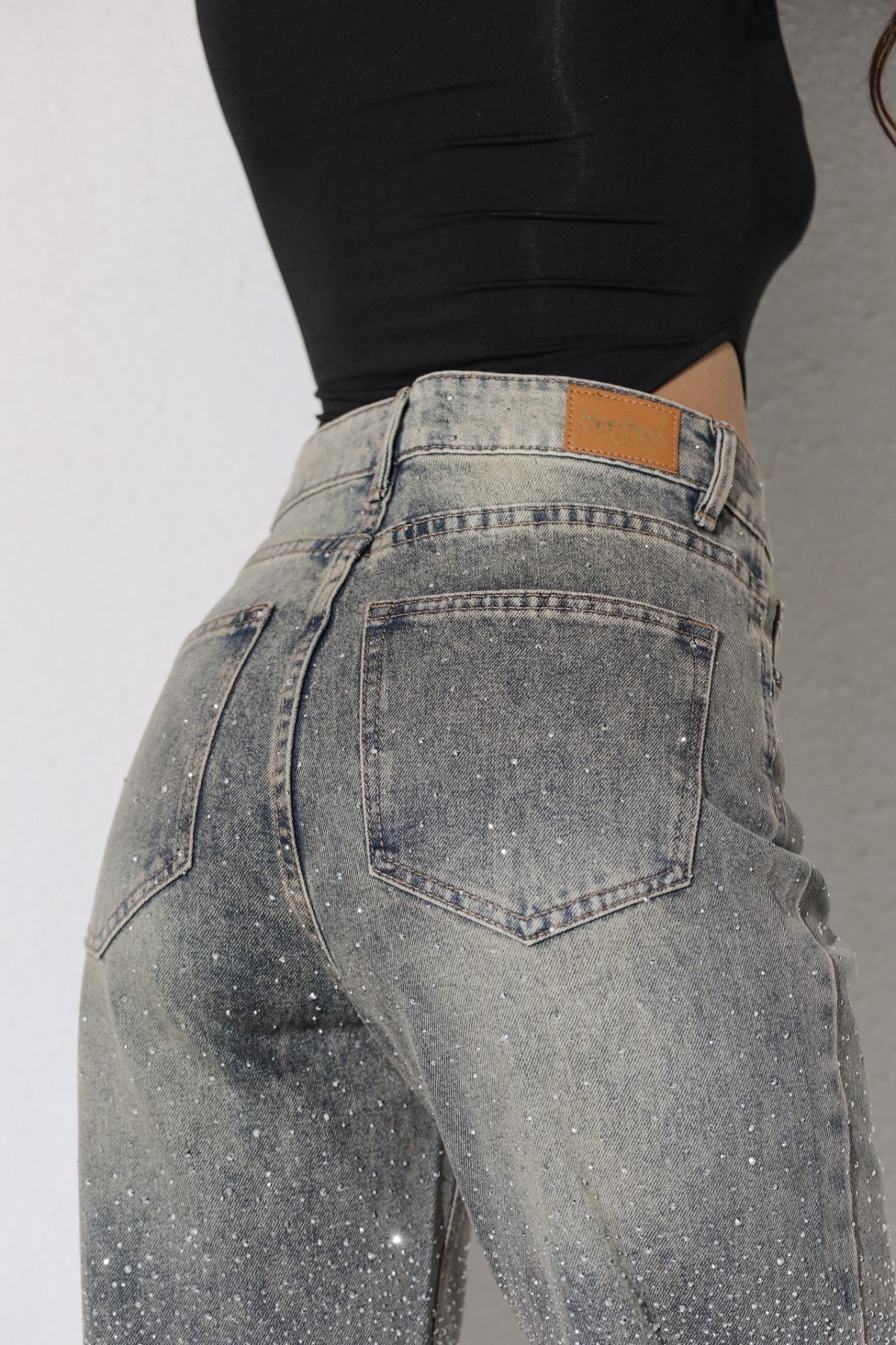 Taşlı premium yüksek bel jean