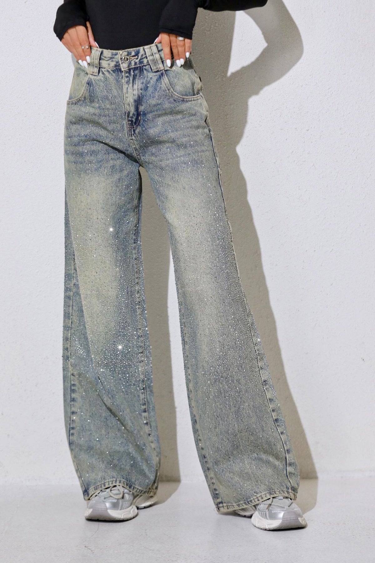 Taşlı premium yüksek bel jean
