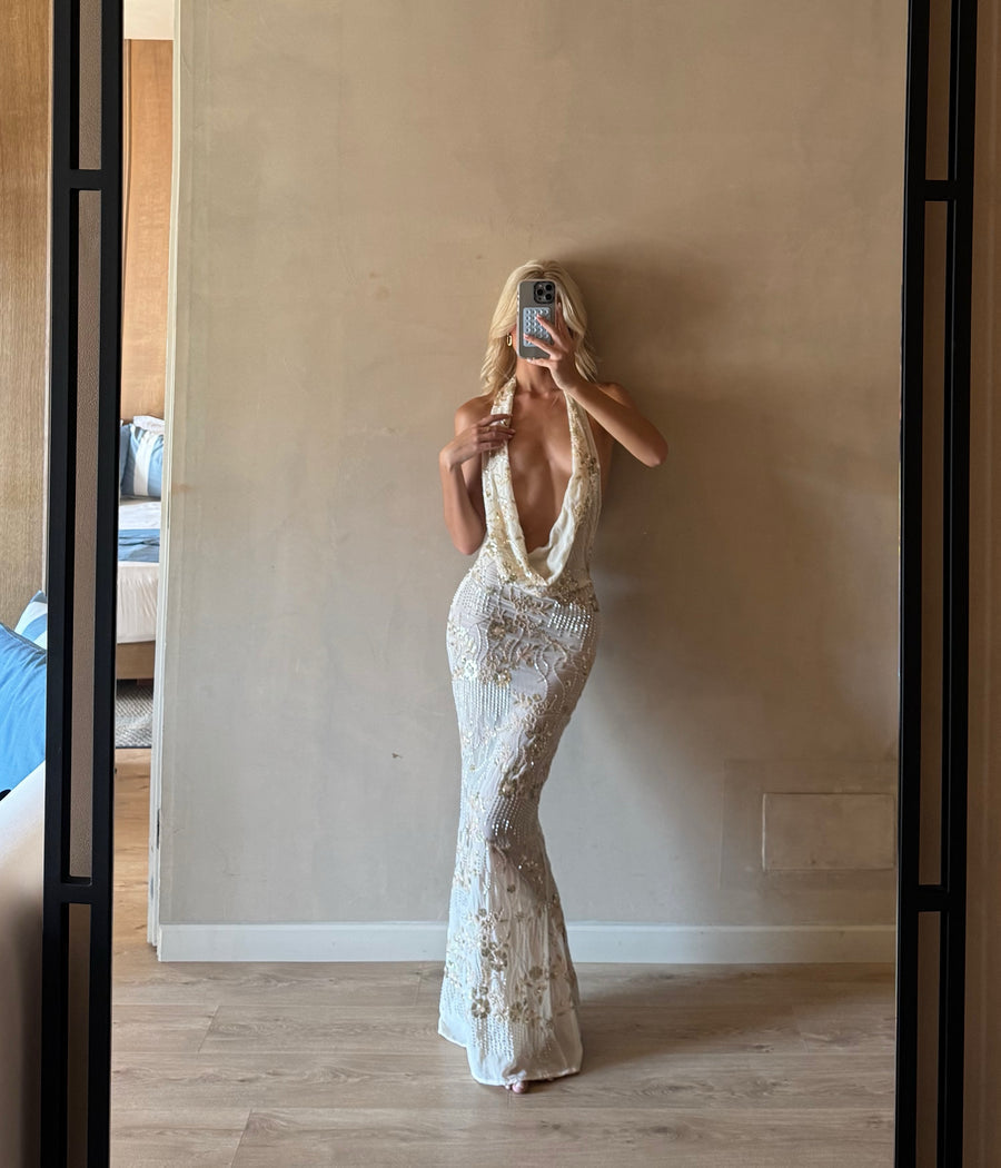 IBIZA GOLD EMBROIDERED MAXI DRESS