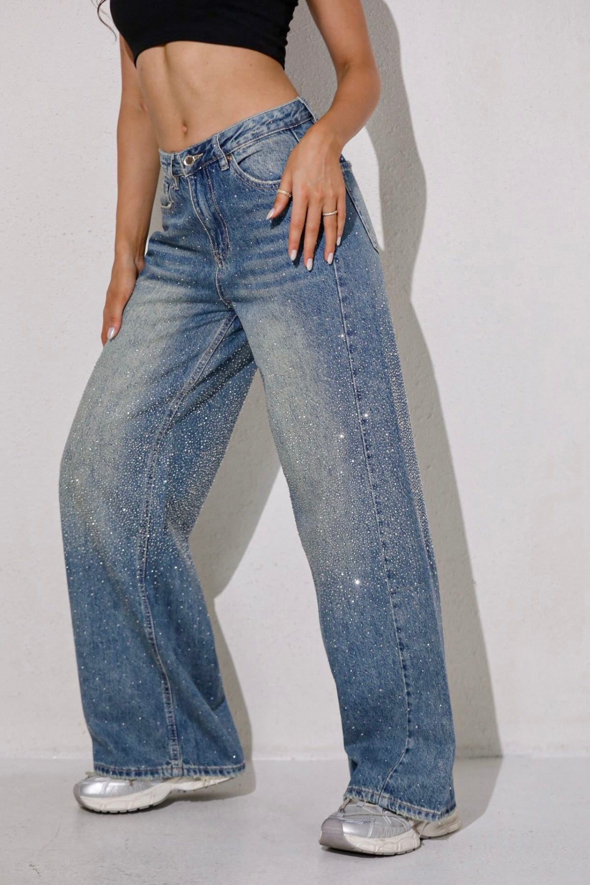 Taşlı premium yüksek bel jean