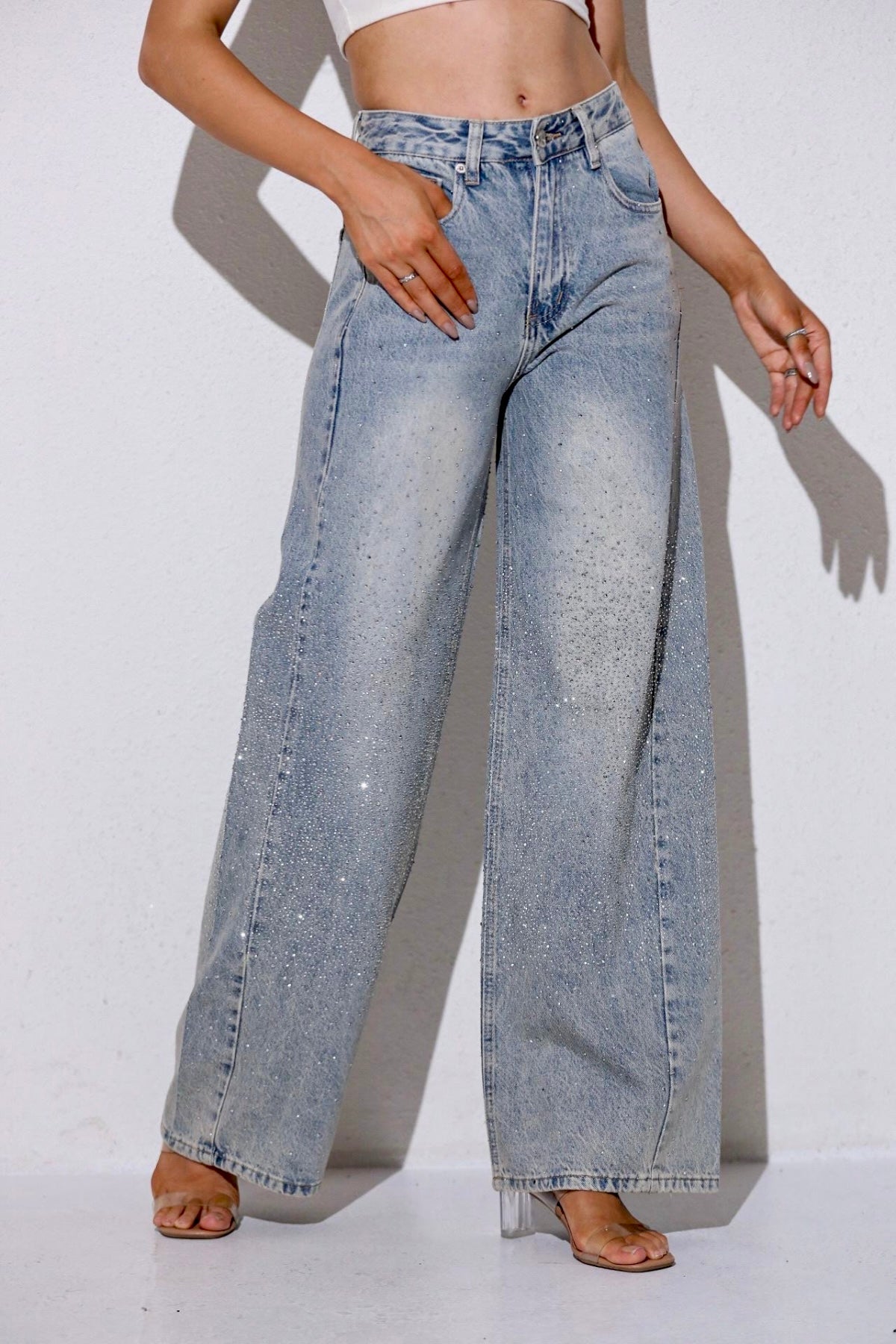 Taşlı premium yüksek bel jean