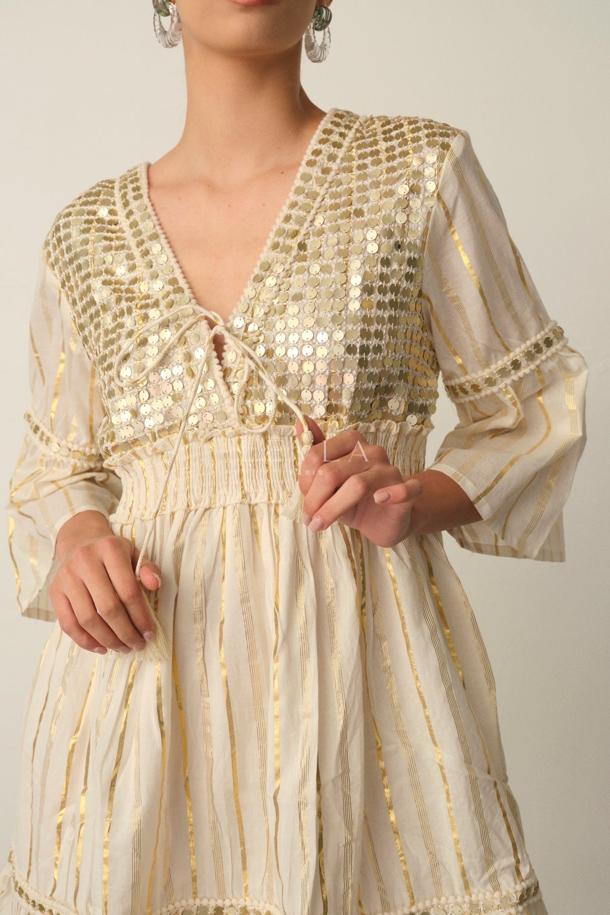 Sana Dress - Short dress with golden sequins - Turquoise
