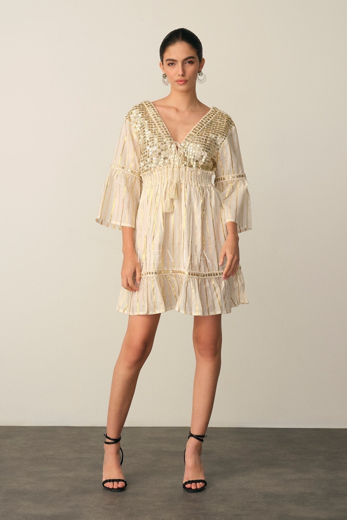 Sana Dress - Short dress with golden sequins - Turquoise